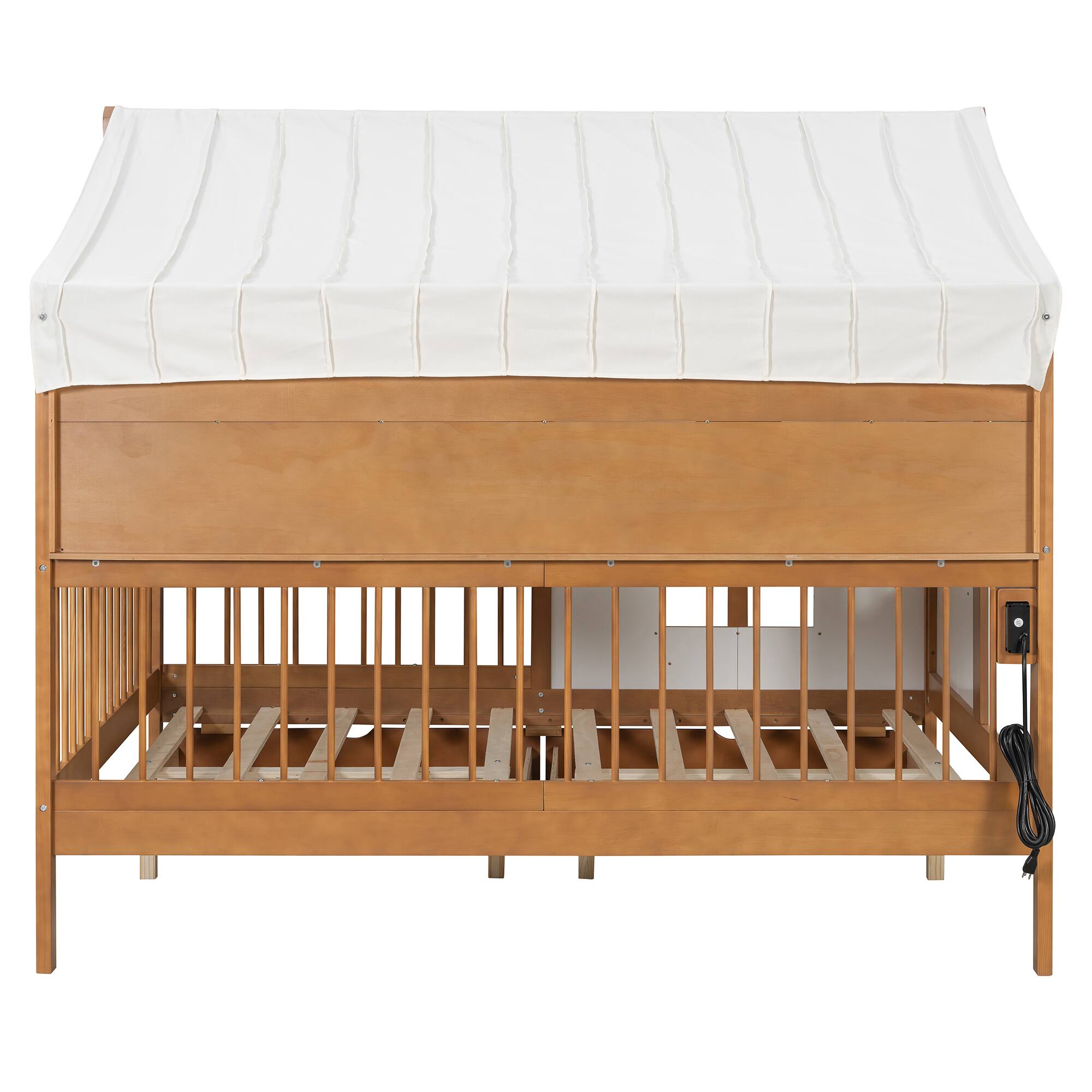 Alt View 2. Anysun - Full Size House Bed with 2 Large Drawers, Side Bookshelf with LED Strip - Walnut.