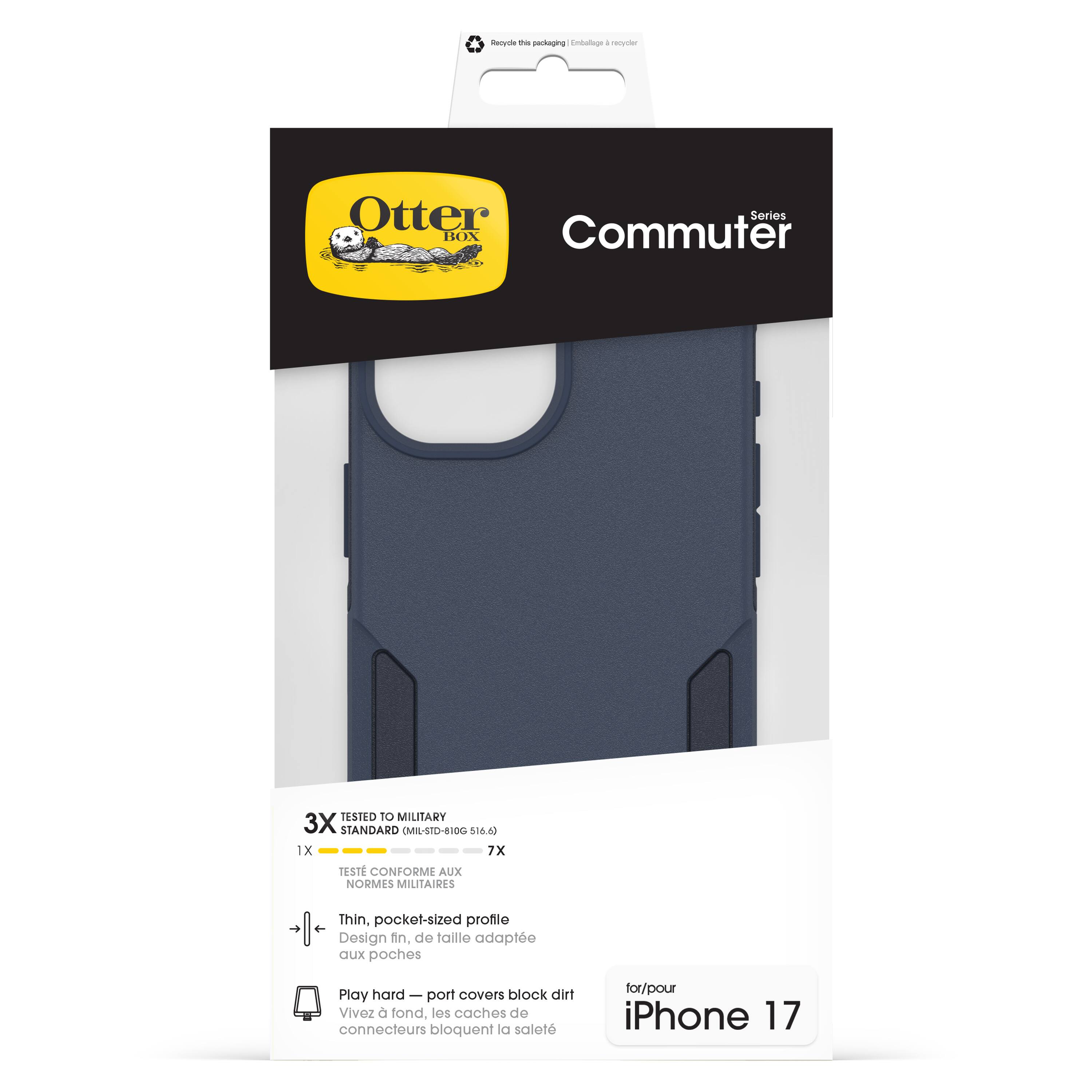 Sure, here is the corrected and grouped text from the image:

---

**Otter Box**

**Commuter**

**Series**

**3X TESTED TO MILITARY STANDARD (MIL-STD-810G 516.6)**  
1X  
7X

**TESTÉ CONFORME AUX NORMES MILITAIRES**

**Thin, pocket-sized profile**  
Design fin, de taille adaptée aux poches

**Play hard — port covers block dirt**  
Vivez à fond. les caches de connecteurs bloquent la saleté

**for/pour iPhone 17**

---

**Recycle the packaging**  
**Recyclez l'emballage**