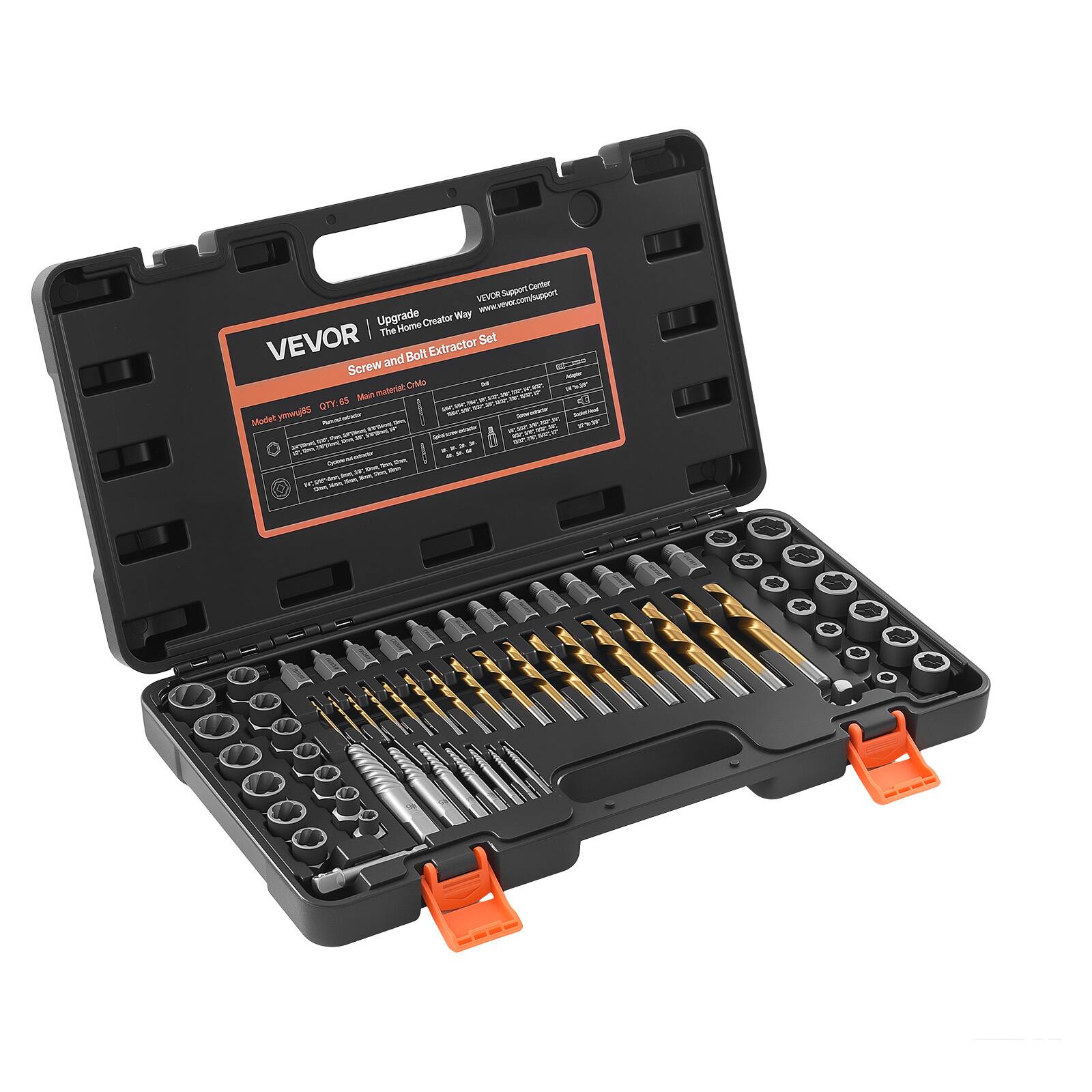 VEVOR  
Upgrade The Home Creator Way  
Screw and Bolt Extractor Set  

Model: VEVOR  
Qty: 65  
Main material: CNC  

VEVOR Support Center  
www.vevor.com/support  
vevor@vevor.com  

Mode of use:  
1. Insert the extractor into the screw or bolt.  
2. Use a wrench or pliers to turn the extractor.  
3. The screw or bolt will be removed.  

Note:  
- Do not use excessive force.  
- If the screw or bolt is stuck, use a larger extractor.  
- Keep the set dry and clean.  

Made in China  

1 Year Warranty