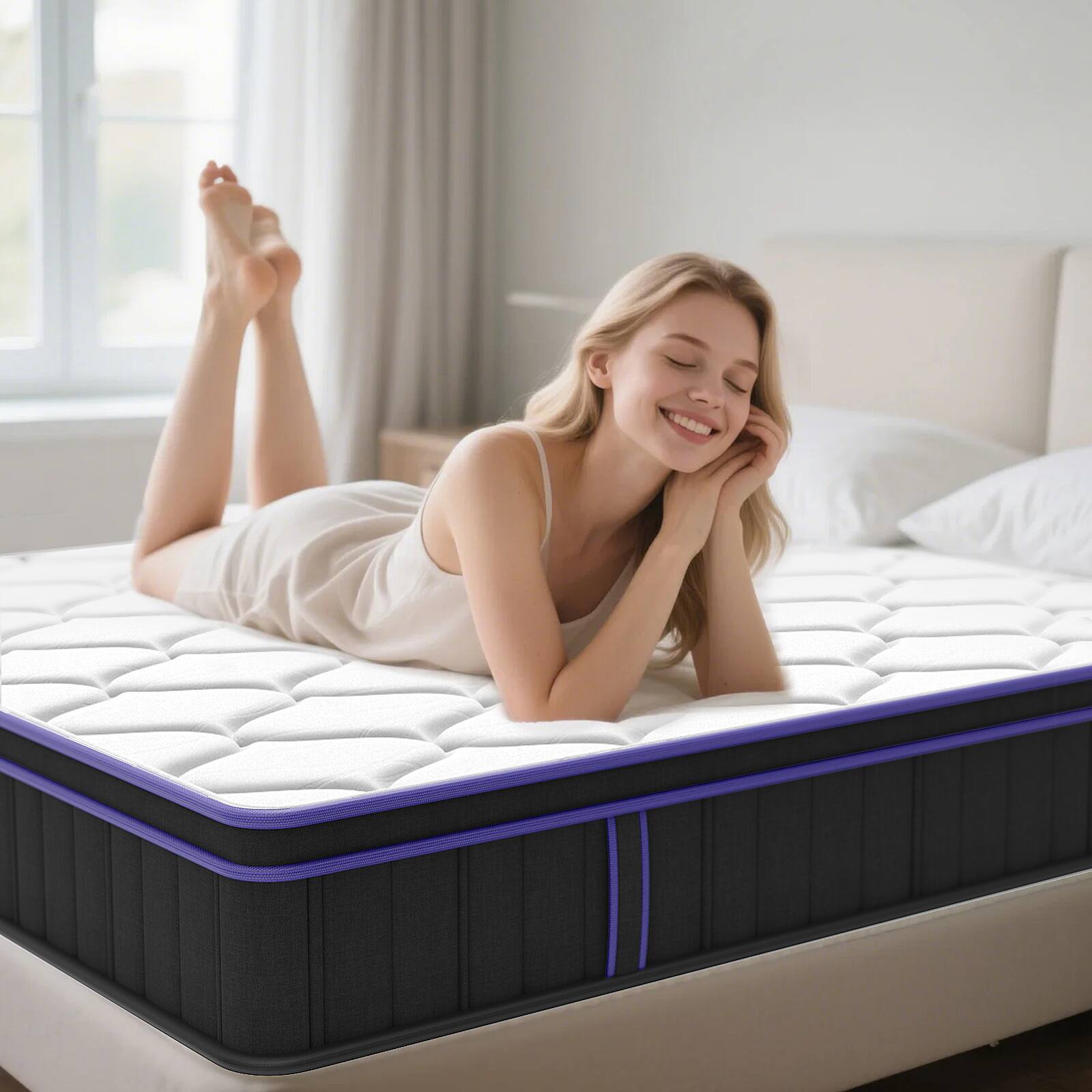 Alt View 5. Ecooso - 10" Queen Medium-Firm Hybrid Mattress, Gel Memory Foam, Pillow Top, Pocket Coils, Fiberglass-Free - White+gray.