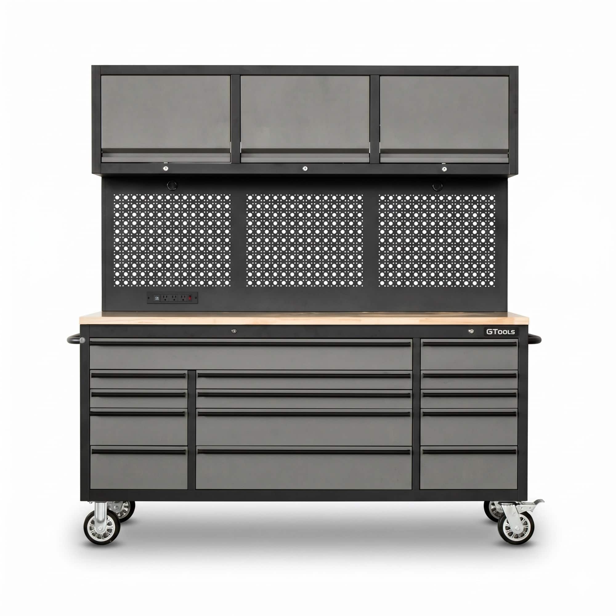 Boyel Living - Overhead Pro 72 inch Rolling Tool Chest 79 inch Tall 14 Drawers 3 Overhead Cabinets Pegboard Power Strip