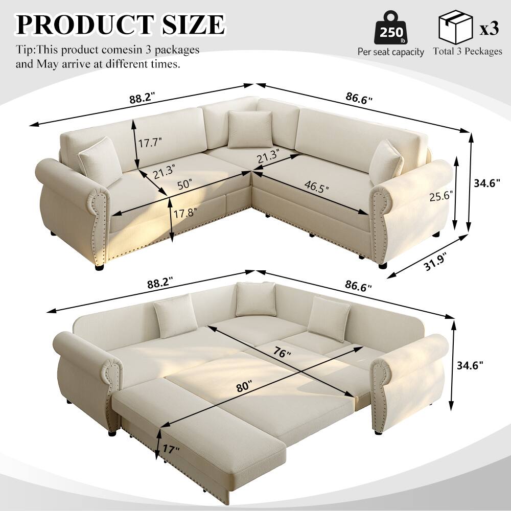 PRODUCT SIZE  
Tip: This product comes in 3 packages and may arrive at different times.  
250 lb Per seat capacity  
Total 3 Packages  

88.2"  
17.7"  
21.3"  
50"  
17.8"  
21.3"  
46.5"  
25.6"  
34.6"  
88.2"  
86.6"  
31.9"  
76"  
80"  
34.6"  
17"