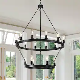 Loheer - Large Black Wagon Wheel Chandelier, Two Tier Iron Frame, Eighteen Light Dining Room Fixture