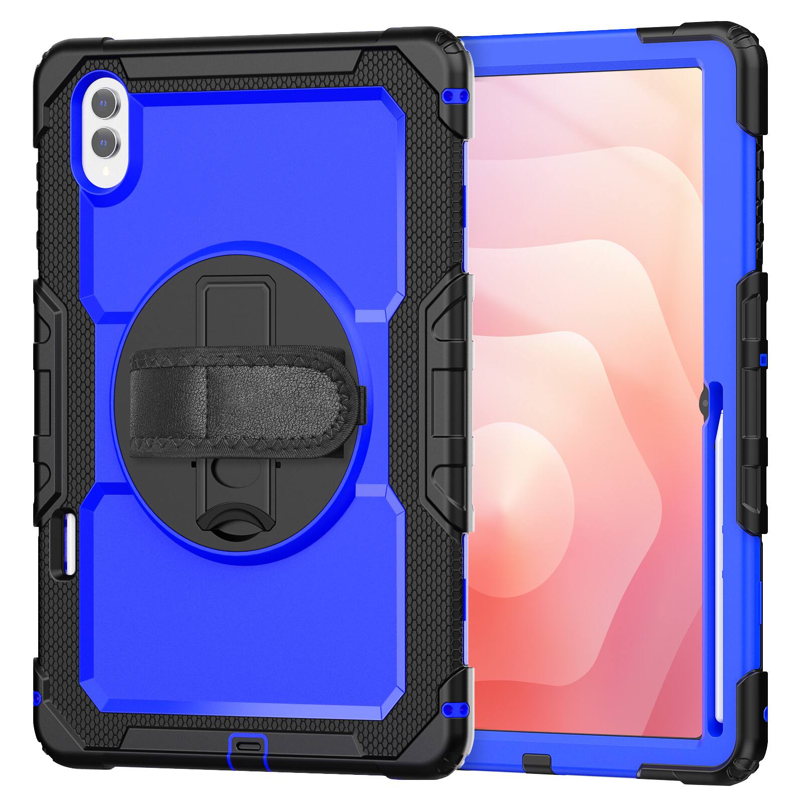 Back. Dteck - For Samsung Galaxy Tab S11 Ultra 2025 14.6'' Shockproof Three-Layer Stand Shoulder Strap Case Built-in Screen Protector - Blue+Black.