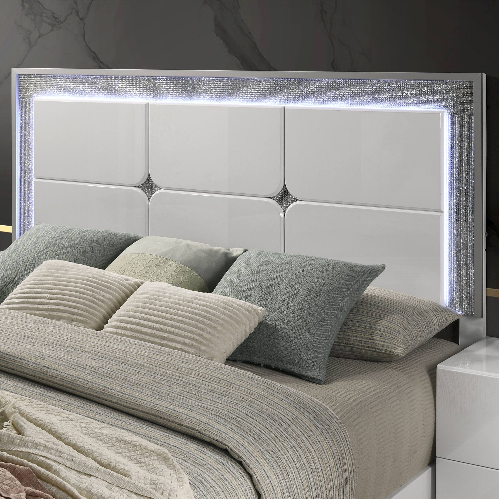 Angle. Vaczon - Luxury King Bed with LED Lighting, Rhinestone-Trim Headboard & Sleek Footboard Contemporary Master Bedroom Style - White.
