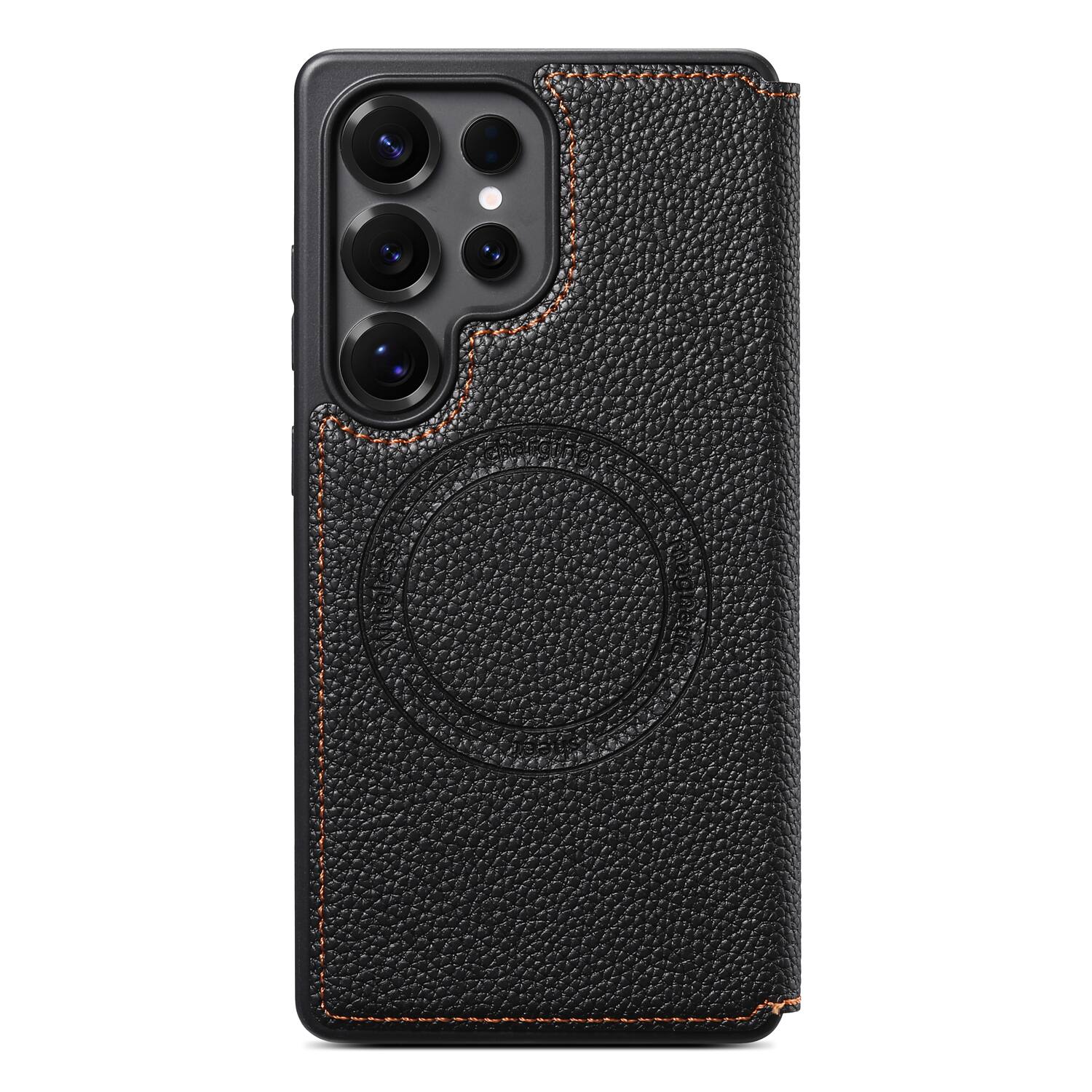 Back. Dteck - Ultra-Thin Faux Leather Card Slot Case for Samsung Galaxy S25 Ultra,Wireless Charging,Flip Card Pocket Phone Cover - Black.