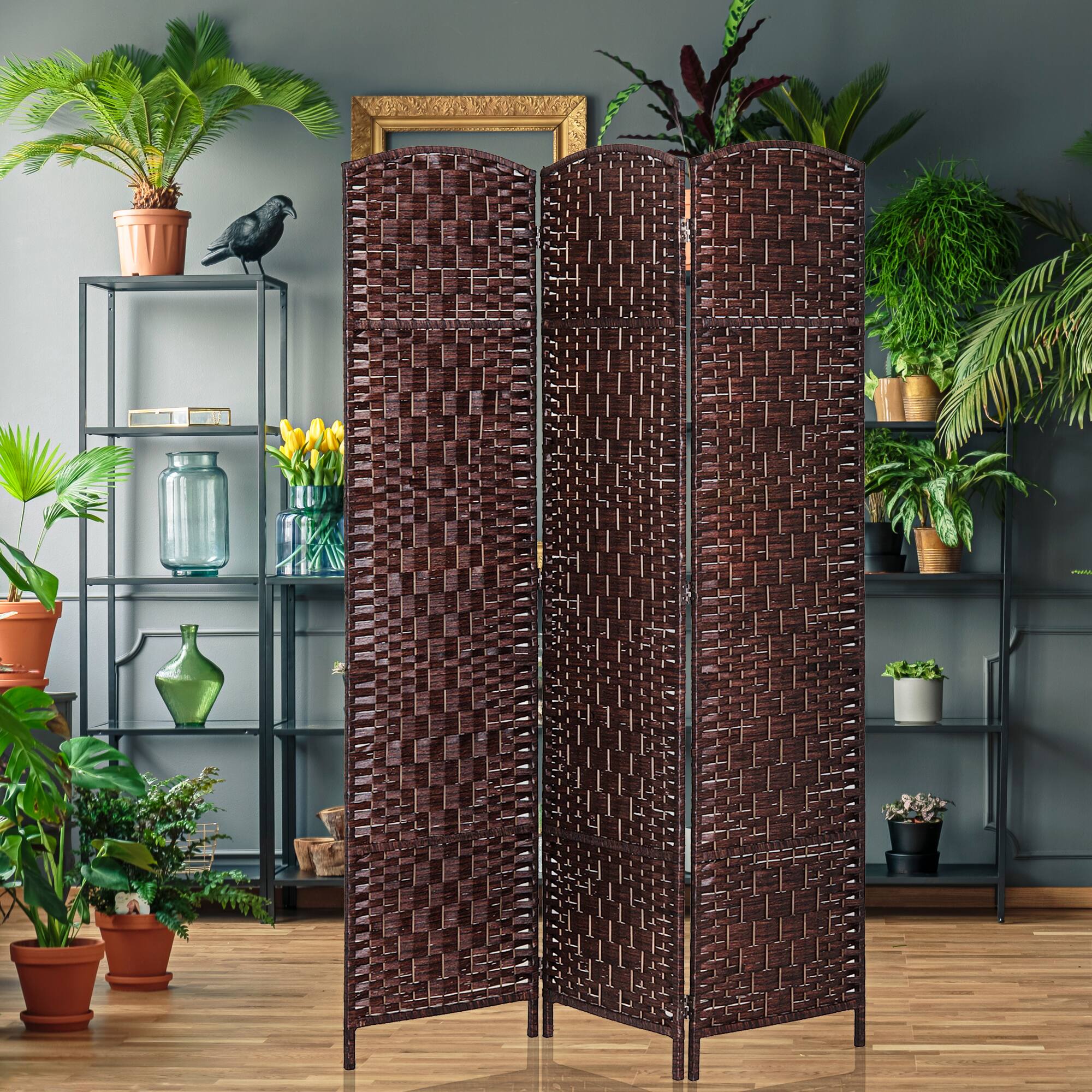 Alt View 6. Homcom - Divider 3 Panel, 6FT Tall Folding Privacy Screen, Freestanding Hand-Woven Partition for Room Separation with 360° Hinges - Brown.