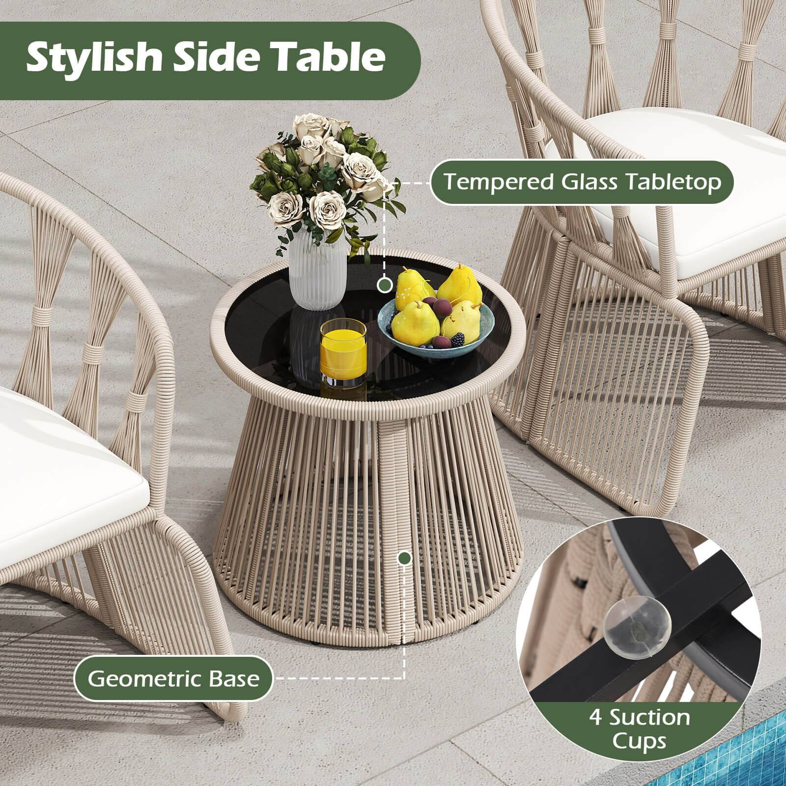 Stylish Side Table

- Tempered Glass Tabletop
- Geometric Base
- 4 Suction Cups