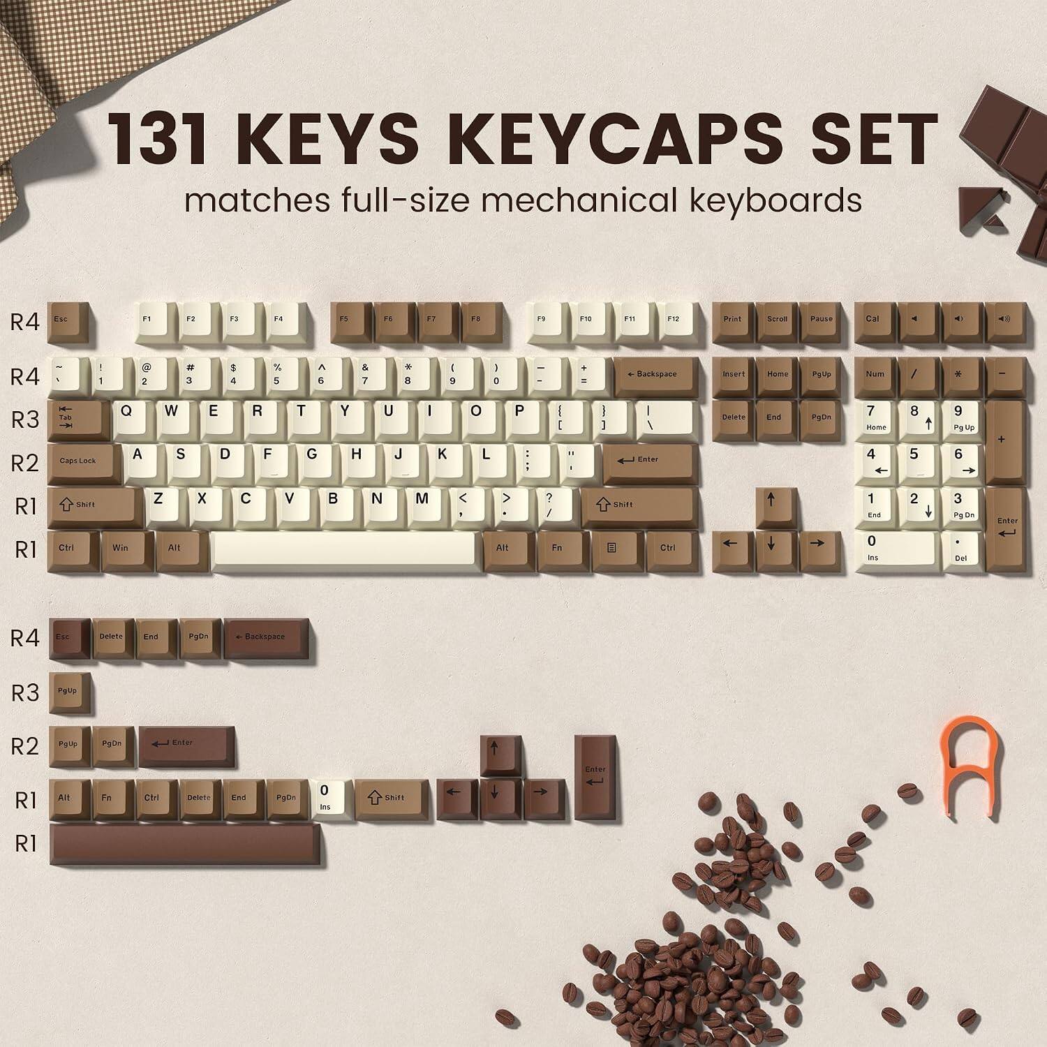 131 KEYS KEYCAPS SET matches full-size mechanical keyboards

R4
Esc F1 F2 F3 F4 F5 F6 F7 F8
~ ` 1 ! 2 @ 3 # 4 $ 5 % 6 ^ 7 & 8 * 9 ( 0 ) - _ + = Backspace
R3
Tab Q W E R T Y U I O P
CapsLock A S D F G H J K L
R2
Shift Z X C V B N M < , > . ? / Enter
R1
Ctrl Win Alt

R4
R3
R2
R1

R4
R3
R2
R1