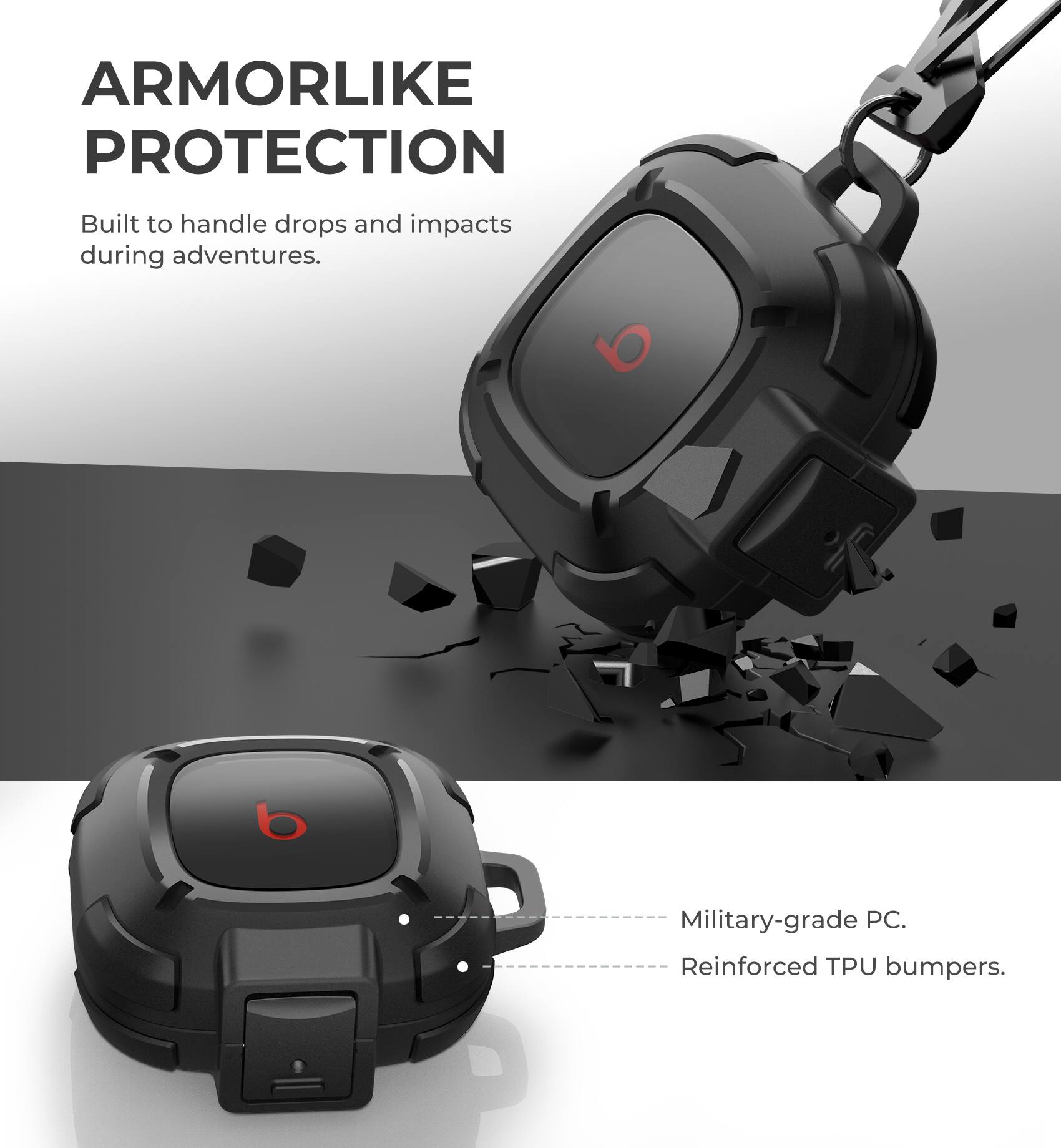 ARMORLIKE PROTECTION  
Built to handle drops and impacts during adventures.  

Military-grade PC.  
Reinforced TPU bumpers.