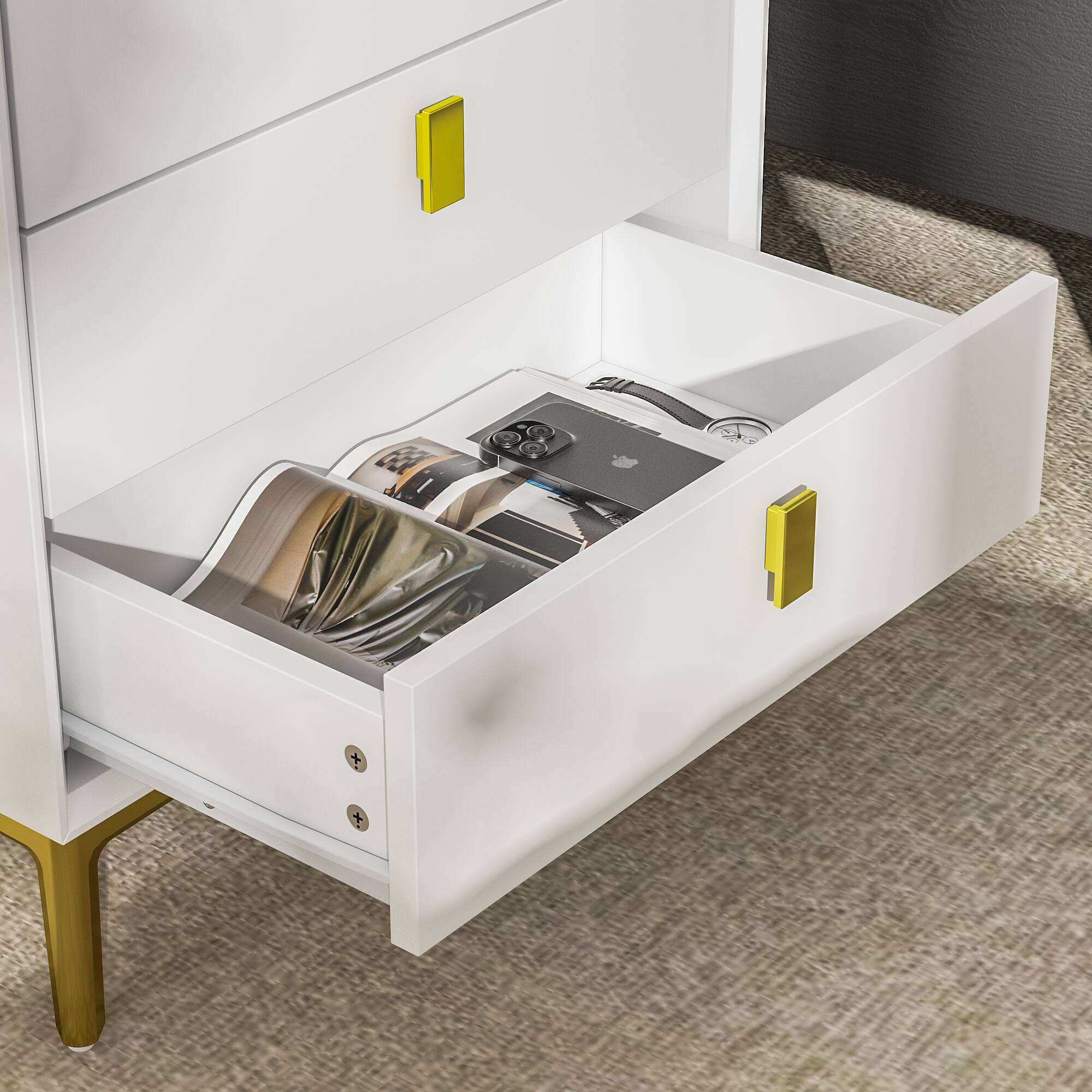 Alt View 6. FUFU & GAGA - Luxury 3 Drawer Nightstand Bedside Table with Gold Accents Modern End Table Storage Cabinet for Bedroom Living Room - White.