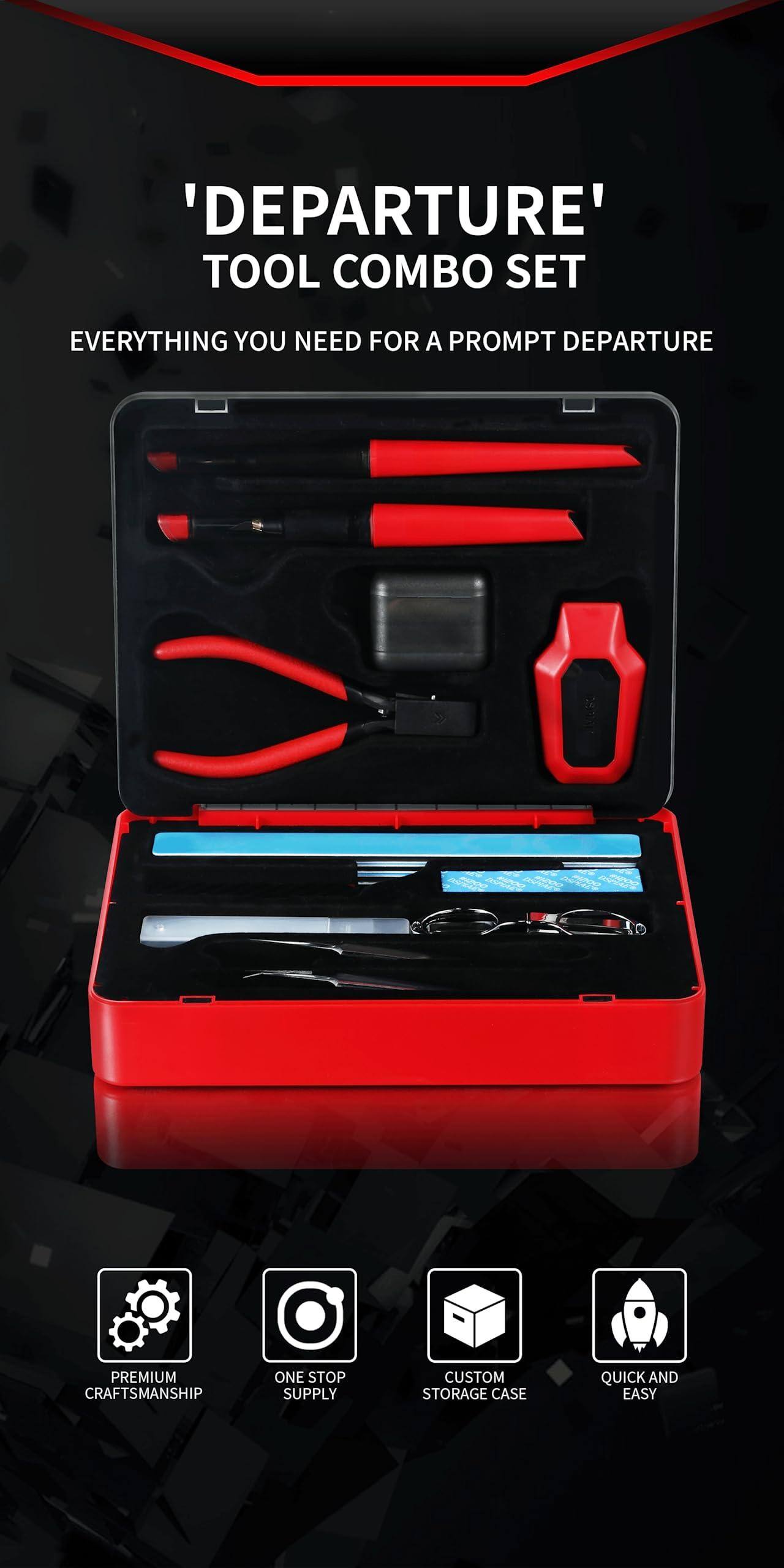 'DEPARTURE' TOOL COMBO SET

EVERYTHING YOU NEED FOR A PROMPT DEPARTURE

- PREMIUM CRAFTSMANSHIP
- ONE STOP SUPPLY
- CUSTOM STORAGE CASE
- QUICK AND EASY