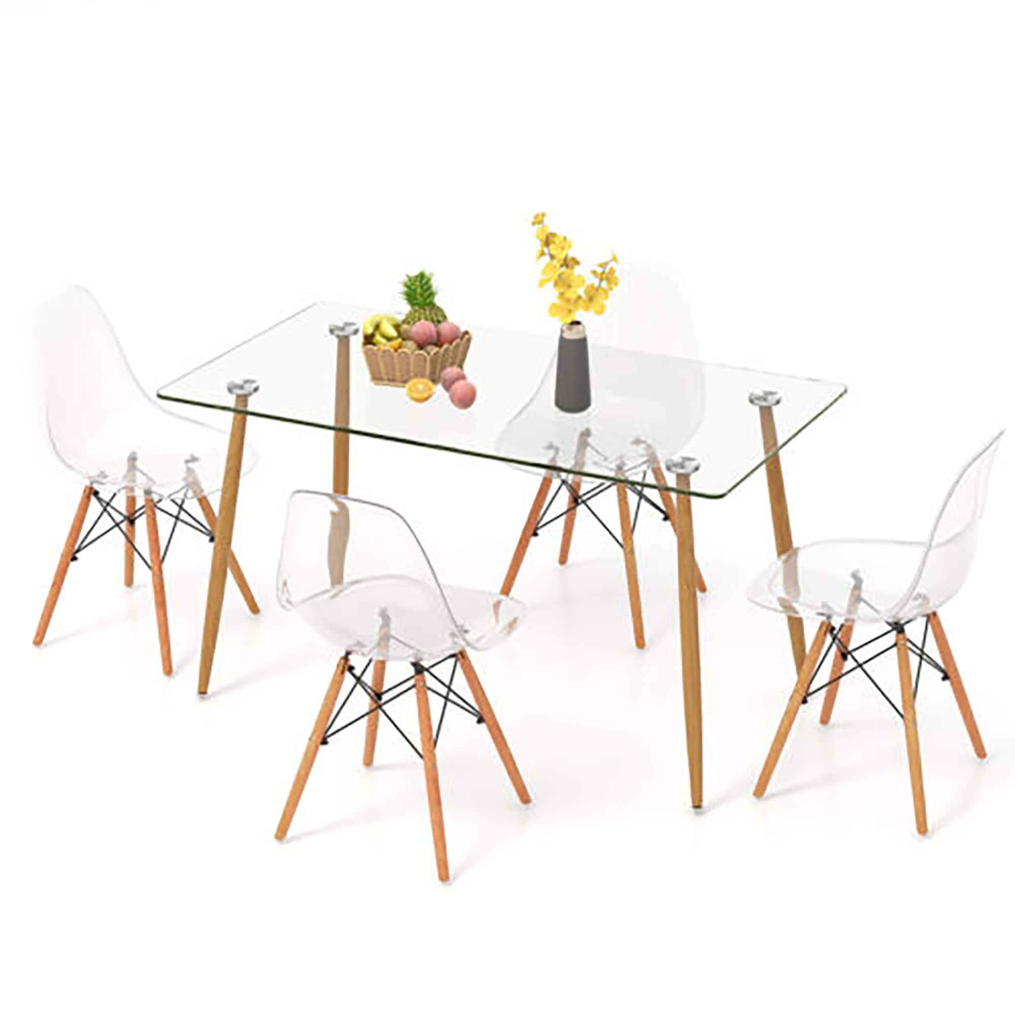 Gymax - Modern 5-Piece Dining Table Set w/ Rectangle Glass Table & 4 Transparent Chairs - Clear + Natural