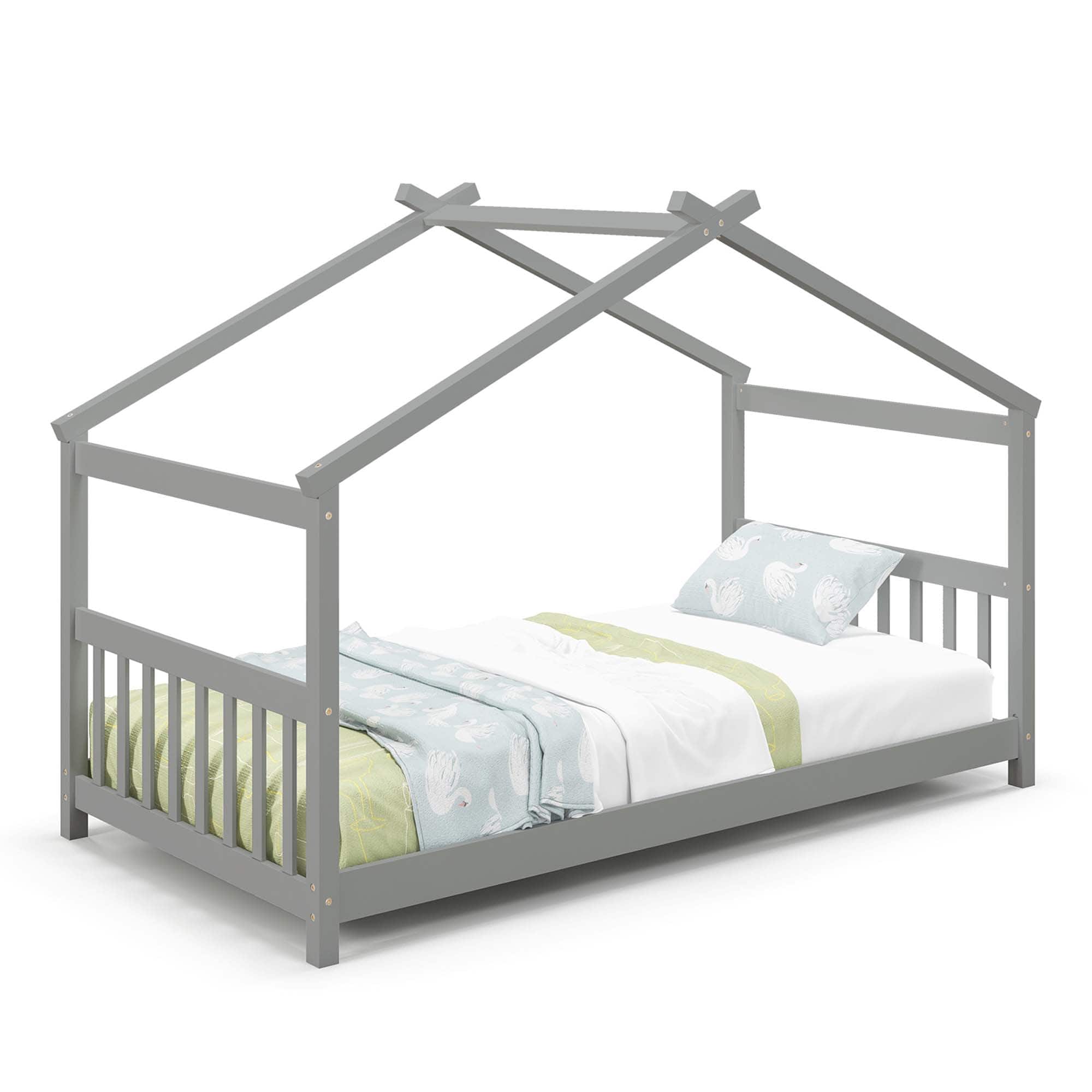 Costway - Twin Size House Bed with Roof Wooden Low Floor Bed No Box Spring Needed - Gray