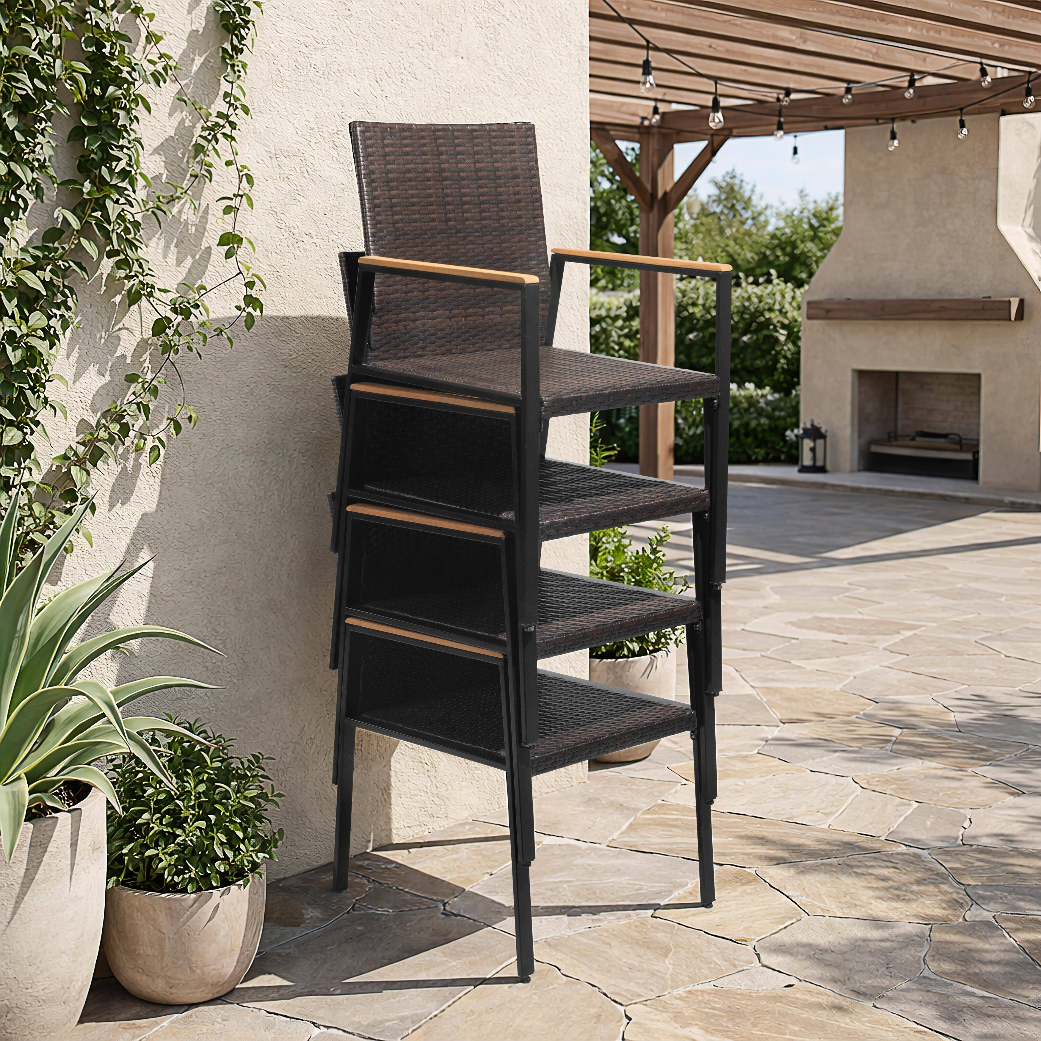 Left. Nuu Garden - Patio Stackable Wicker Dining Chairs Set of 2, Acacia Wood Armrests - Brown and Black.