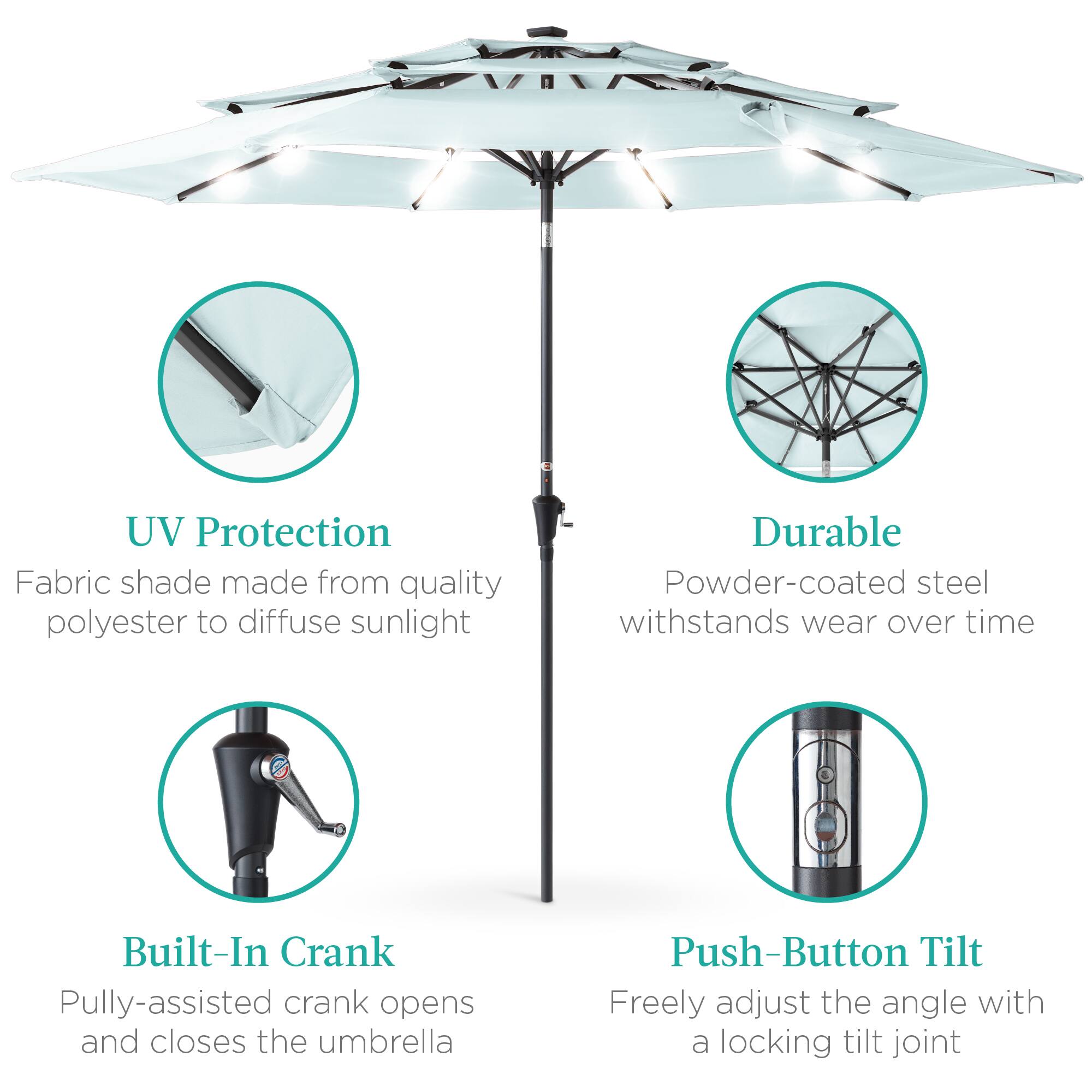 - UV Protection  
  Fabric shade made from quality polyester to diffuse sunlight

- Durable  
  Powder-coated steel withstands wear over time

- Built-In Crank  
  Pulley-assisted crank opens and closes the umbrella

- Push-Button Tilt  
  Freely adjust the angle with a locking tilt joint