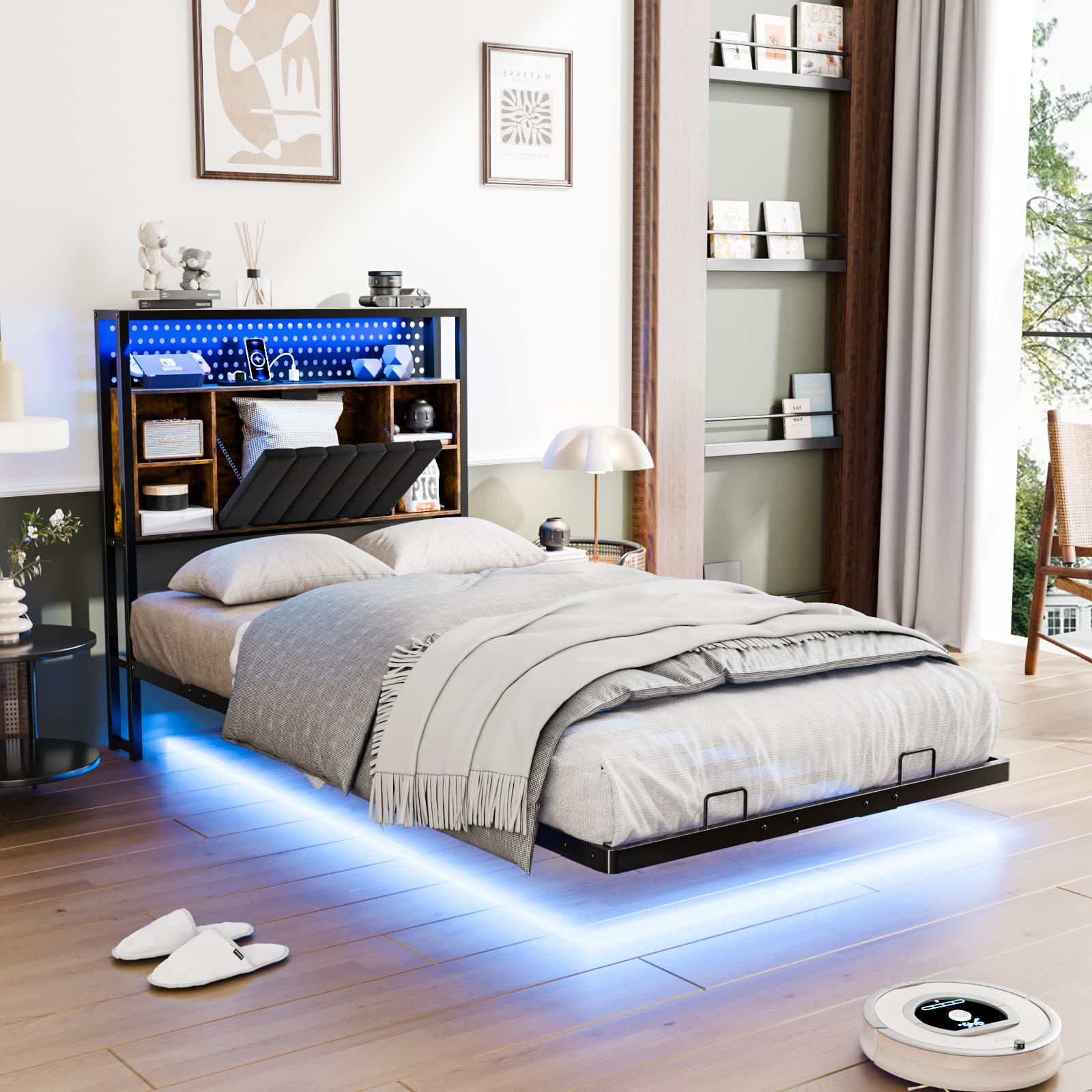 Winado - Twin Size Versatile Metal Bed Frame with Charging Station, LED Lights,Hidden Storage Headboard,No Box Spring Needed - Industrial Brown