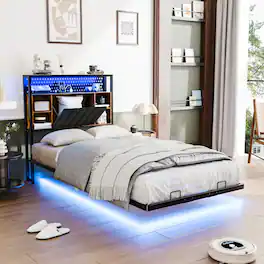 Winado - Twin Size Versatile Metal Bed Frame with Charging Station, LED Lights,Hidden Storage Headboard,No Box Spring Needed - Industrial Brown