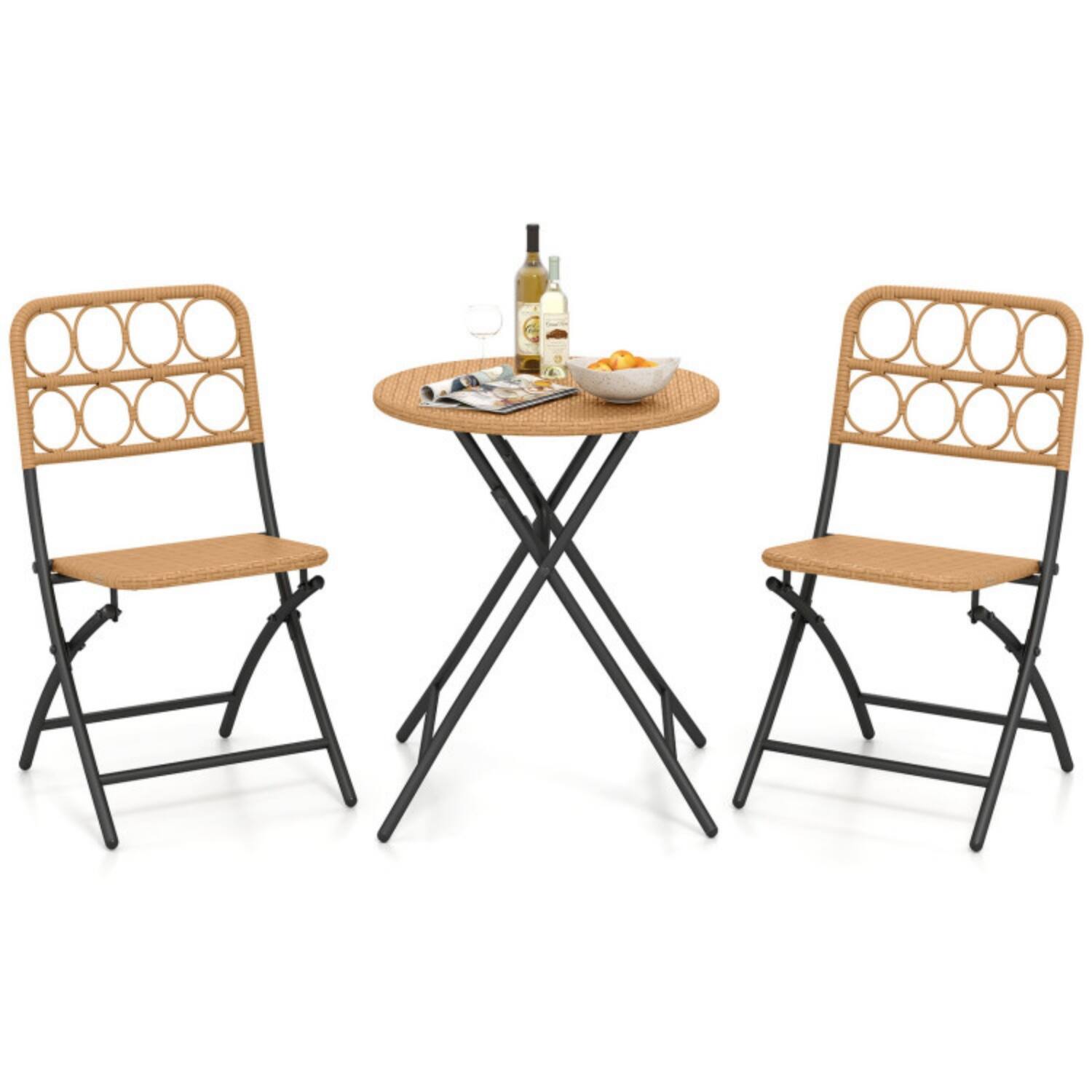 Alt View 3. Mondawe - Folding Patio Bistro Set with Round Table and 2 Chairs Wicker Seat 3-Piece - Light Brown.