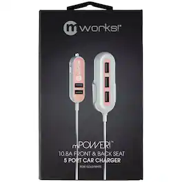 Mworks! - mPOWER! 10.8A Front and Back Seat 5 Port Car Charger - Rose Gold/White - Rose Gold/White