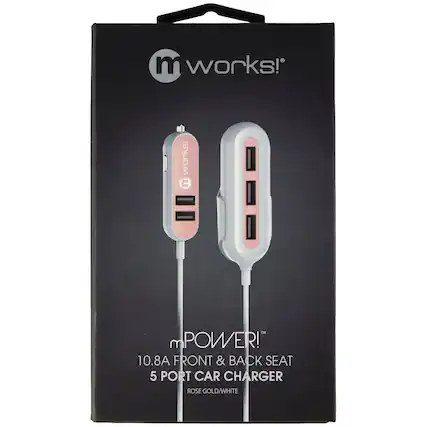 mworks!
u works! tweet
MPOWER!
10.8A FRONT & BACK SEAT 5 PORT CAR CHARGER ROSE GOLD/WHITE
