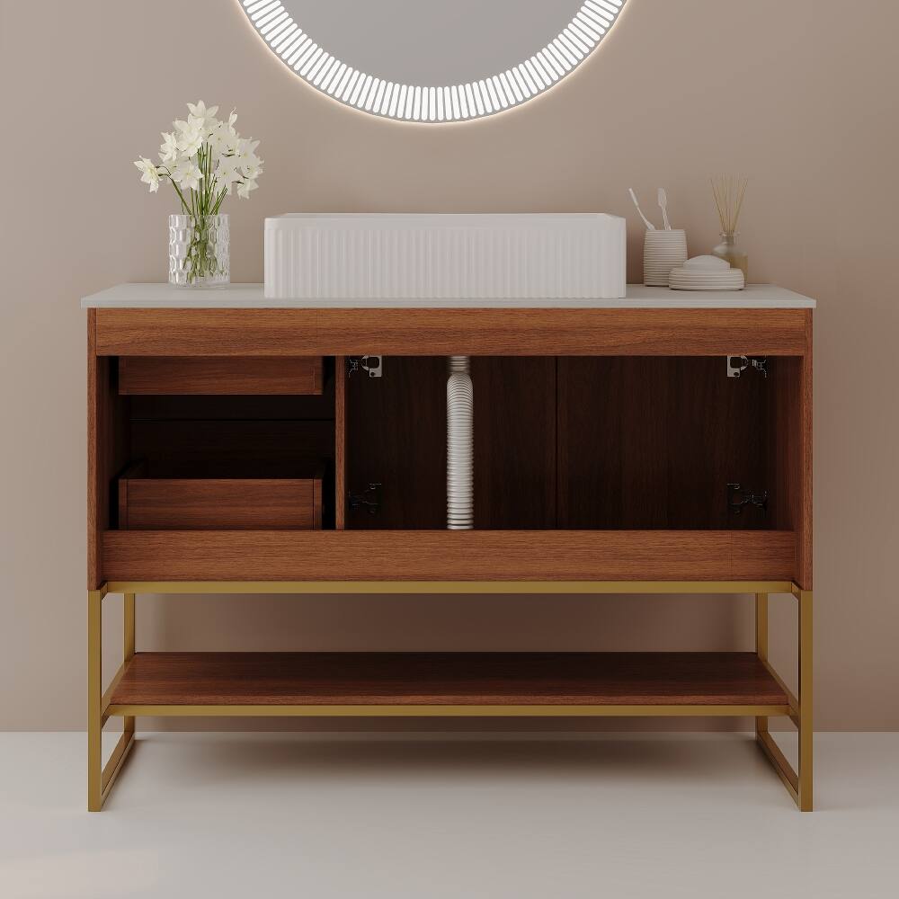 Alt View 3. Loheer - Loheer 36 inch modern bathroom vanity with ceramic vessel sink, gold accent freestanding cabinet, walnut - Walnut, Gold, White.