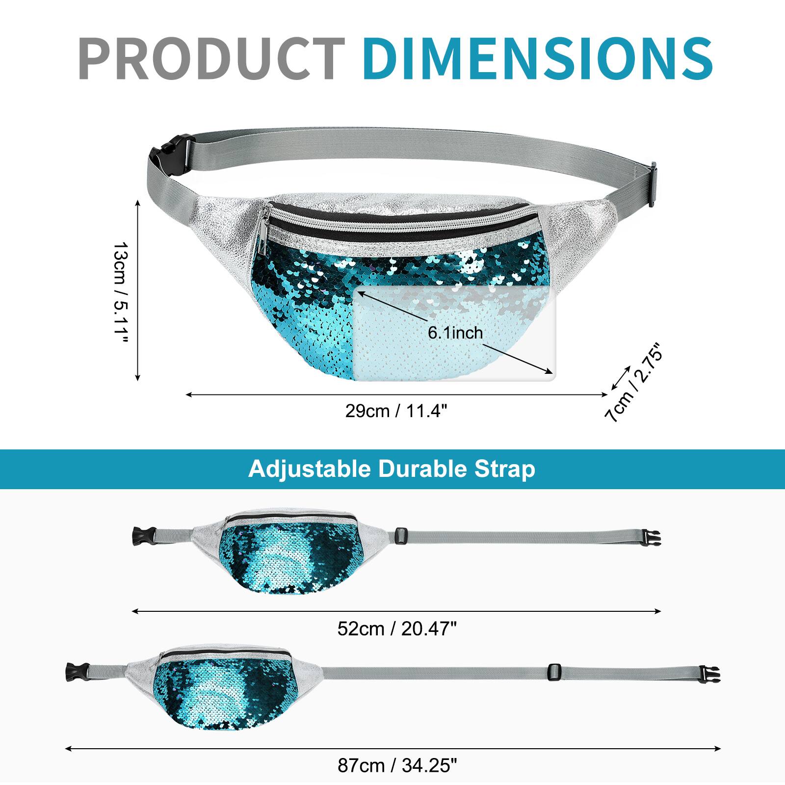 PRODUCT DIMENSIONS

- 13cm / 5.11"
- 6.1inch
- 29cm / 11.4"
- 7cm / 2.75"

Adjustable Durable Strap

- 52cm / 20.47"
- 87cm / 34.25"