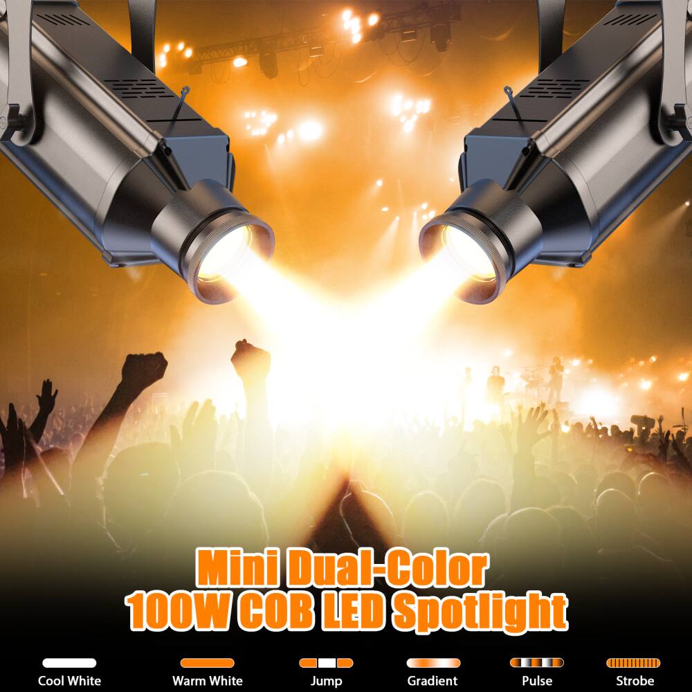 Mini Dual-Color 100W COB LED Spotlight

- Cool White
- Warm White
- Jump
- Gradient
- Pulse
- Strobe