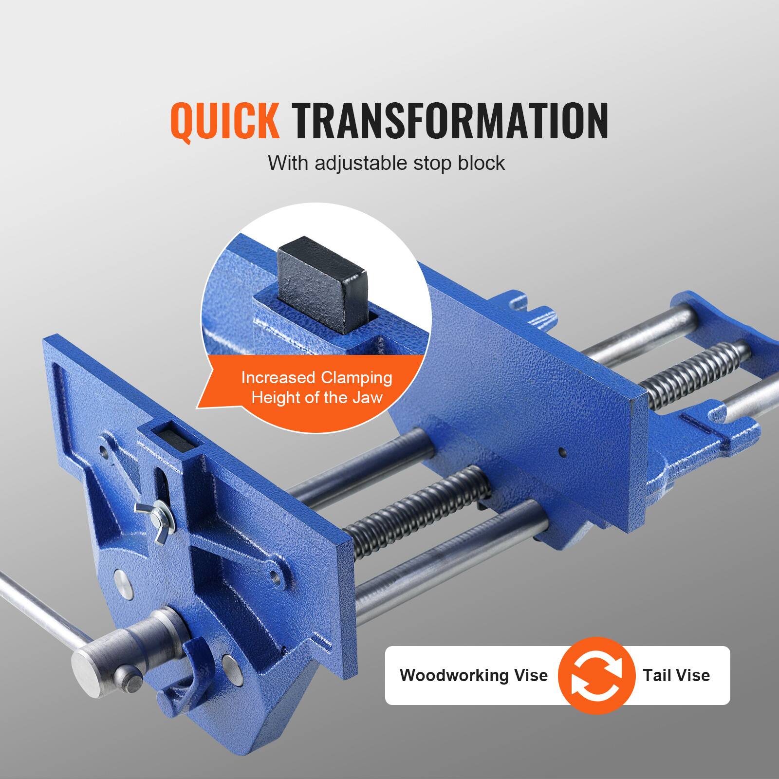 QUICK TRANSFORMATION  
With adjustable stop block  

Increased Clamping Height of the Jaw  

Woodworking Vise  
Tail Vise