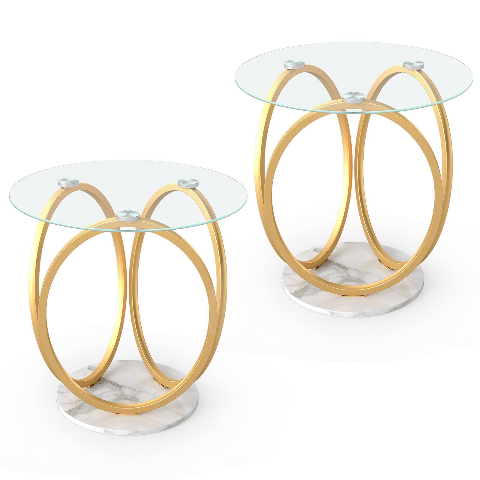 Alt View 9. Gymax - Gymax 2PCS Round End Table Faux Marble Side Table w/Tempered Glass Tabletop for Home - Gold.