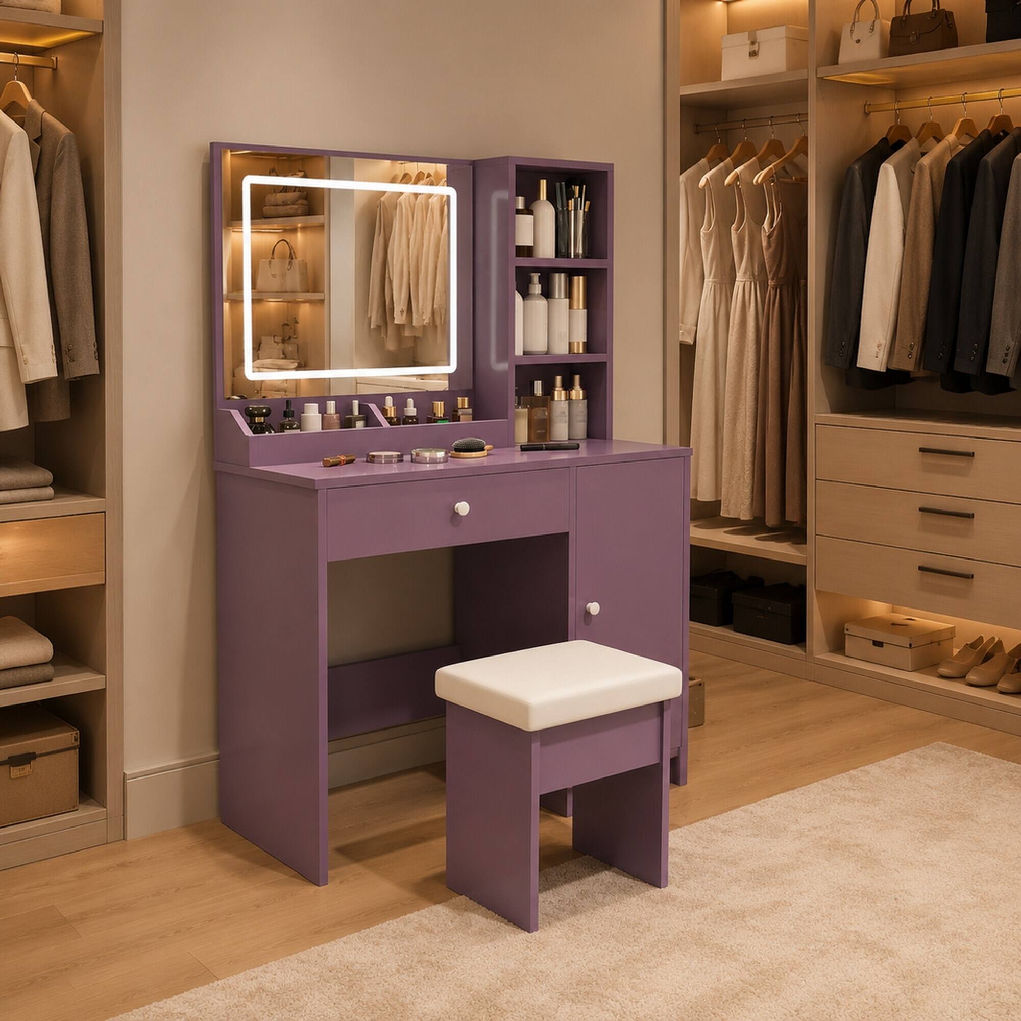 Left. RYHNUYNE - Purple Vanity Desk Set, Padded Stool, 3-Color LED Mirror, Drawer and Storage Locker, MDF Makeup Station for Bedroom - Purple.