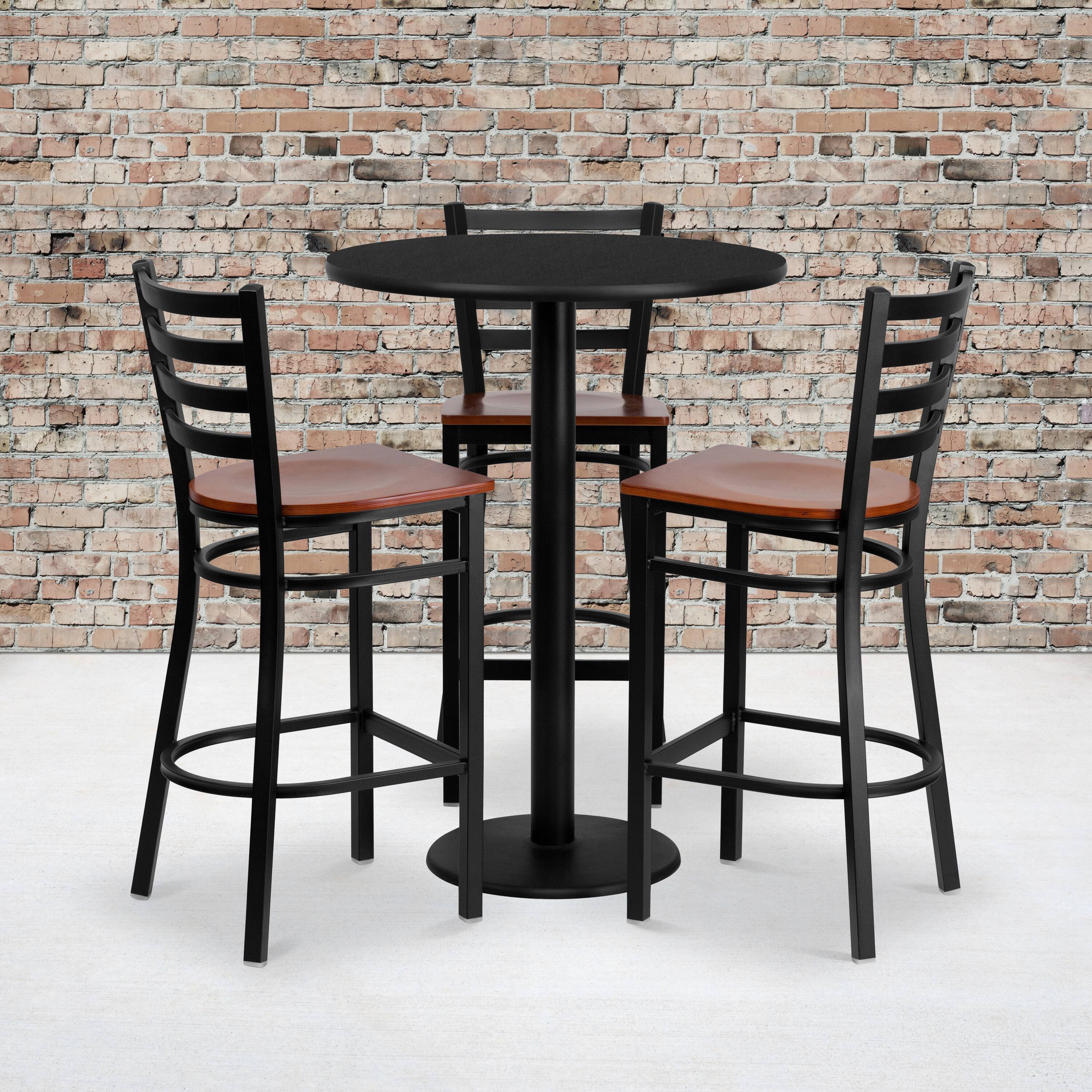 Alt View 1. Emma + Oliver - 30'' Round Laminate Table Set with 3 Ladder Back Metal Barstools - Black.