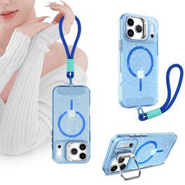 Dteck - Glitter Magnetic Case for Apple iPhone 17 Pro,Shockproof Rugged Hidden Lens Kickstand Phone Cover with Wrist Strap - Blue