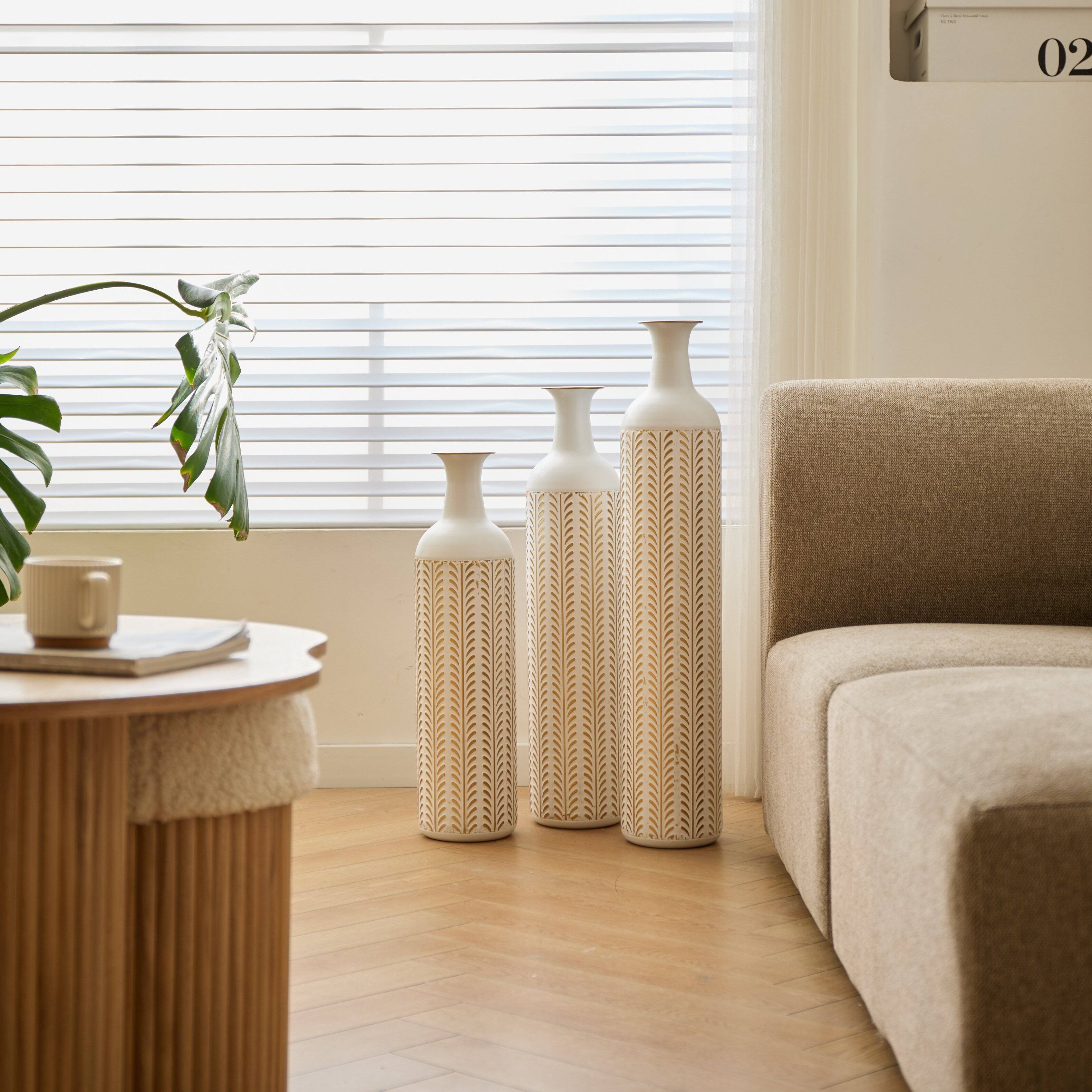 Back. Anysun - Modern White Metal Floor Vase 3-Piece Set - Glazed Finish for Home Decoration, Large Sizes - White.