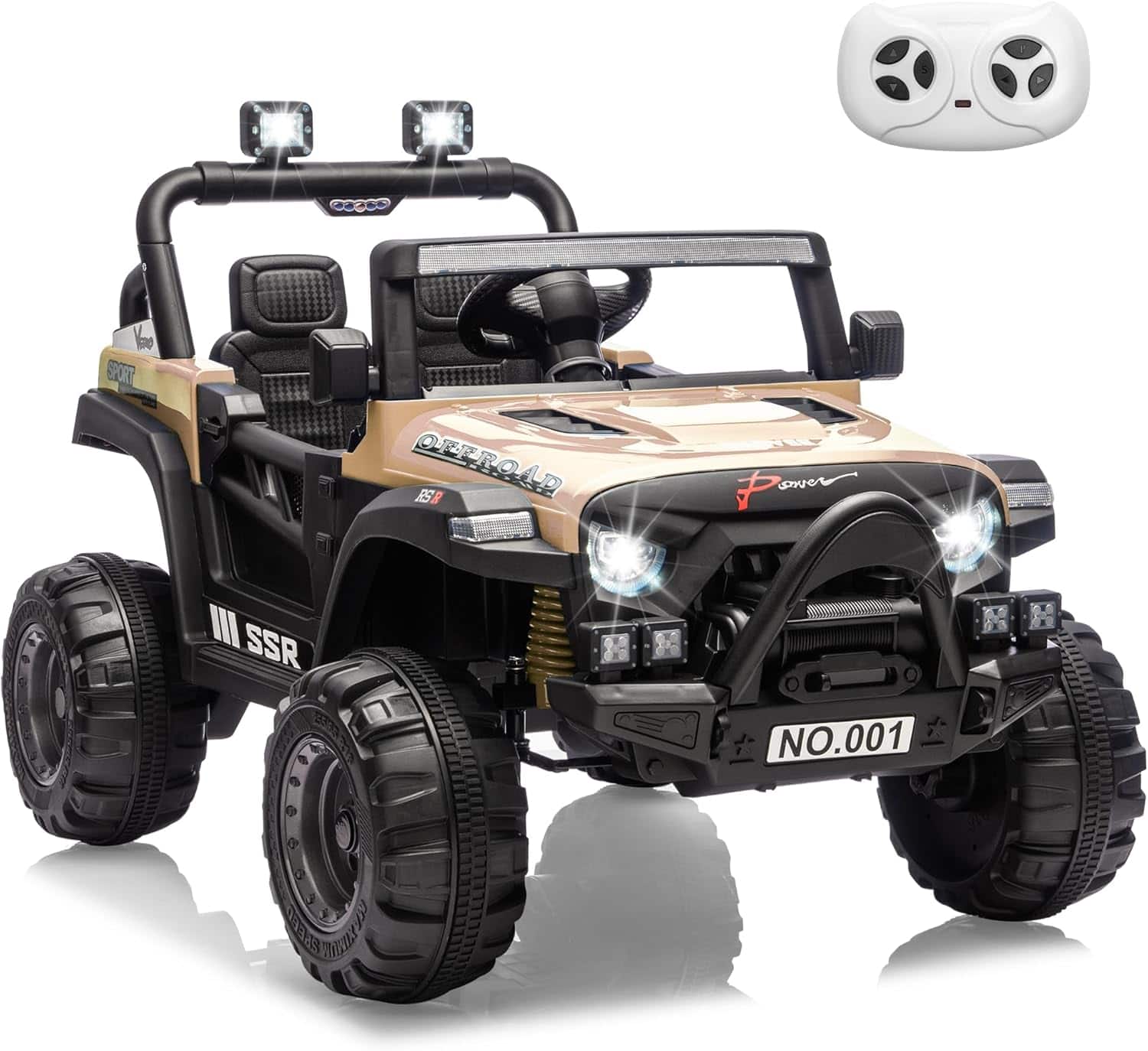 Homhougo - 12V Kids Ride On Car w/ Parent Remote, Spring Suspension, Bluetooth Music, LED Lights, Khaki