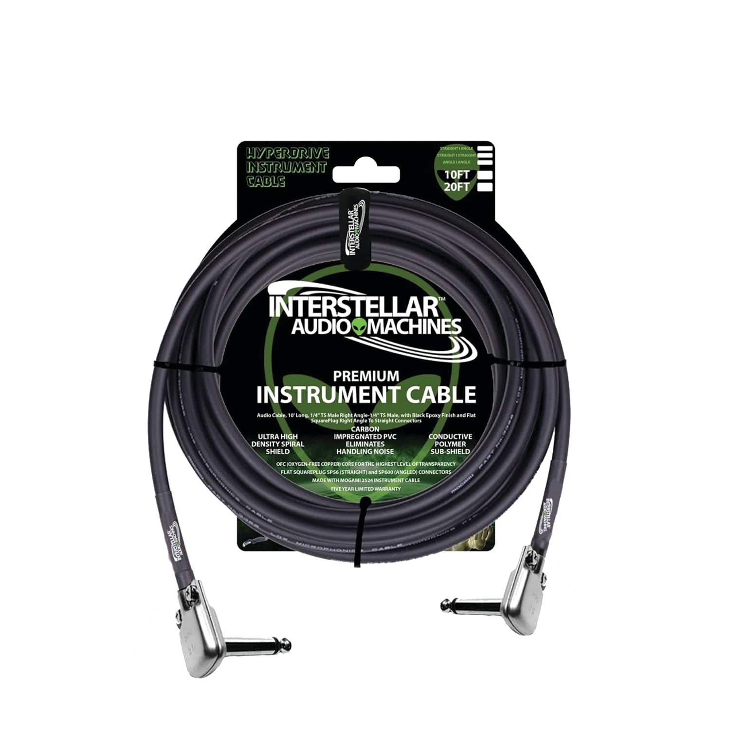 Interstellar Audio Machines - Hyperdrive Premium Instrument Cables, Angle-Angle Connectors, 20-foot