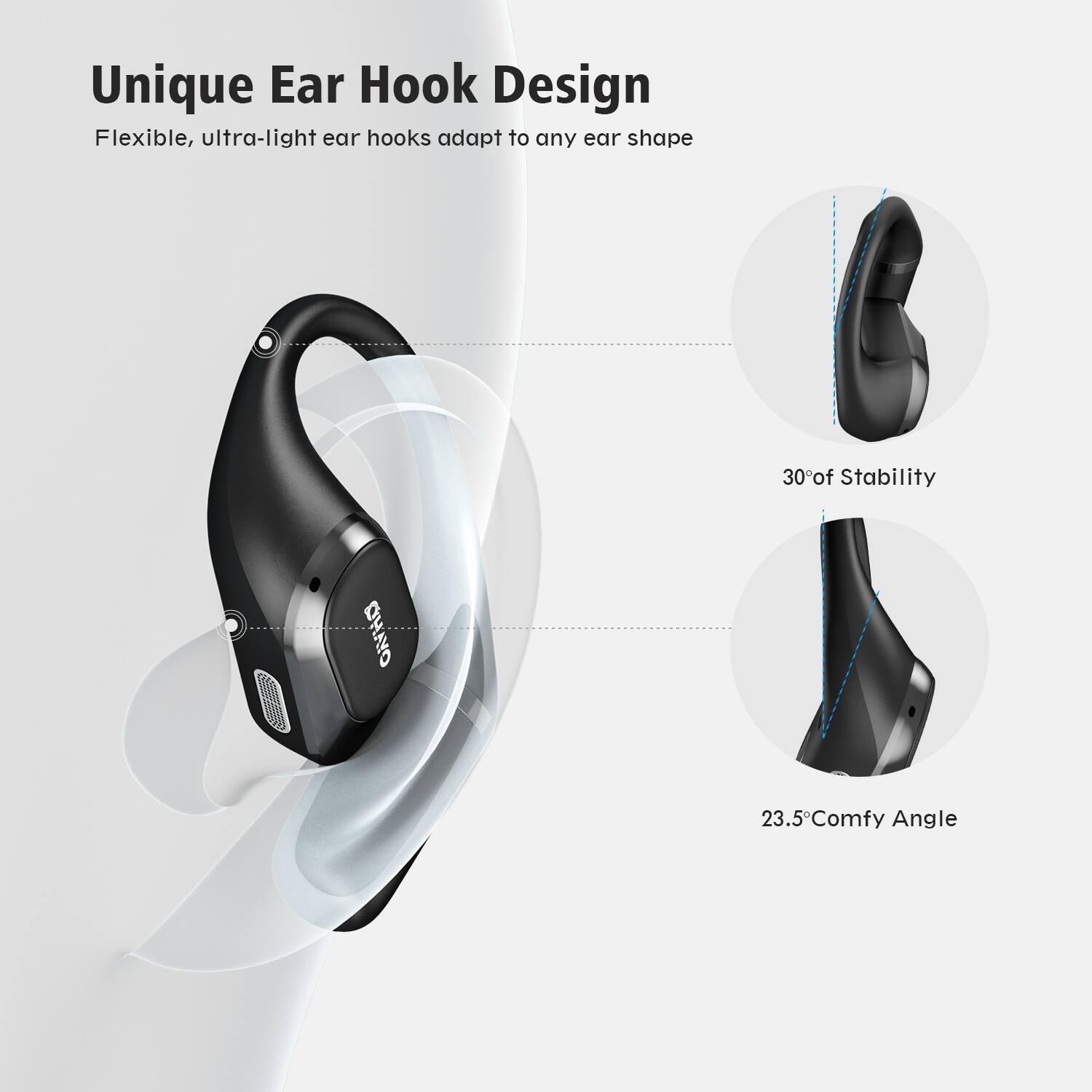 Unique Ear Hook Design  
Flexible, ultra-light ear hooks adapt to any ear shape  

30° of Stability  

23.5° Comfy Angle