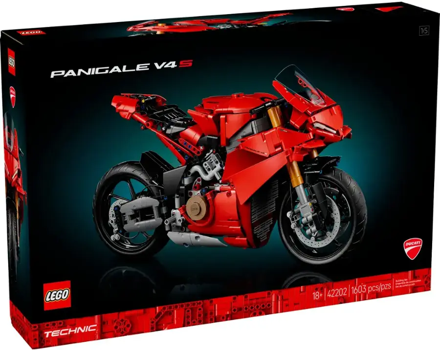 The text on the image reads: "Panigale V4 S - PARALLEL - DUCATI LEGO et Bulksing dim EnCo - diin Im - - 42202 1603 pcs/pzs 18+ TECHNIC."