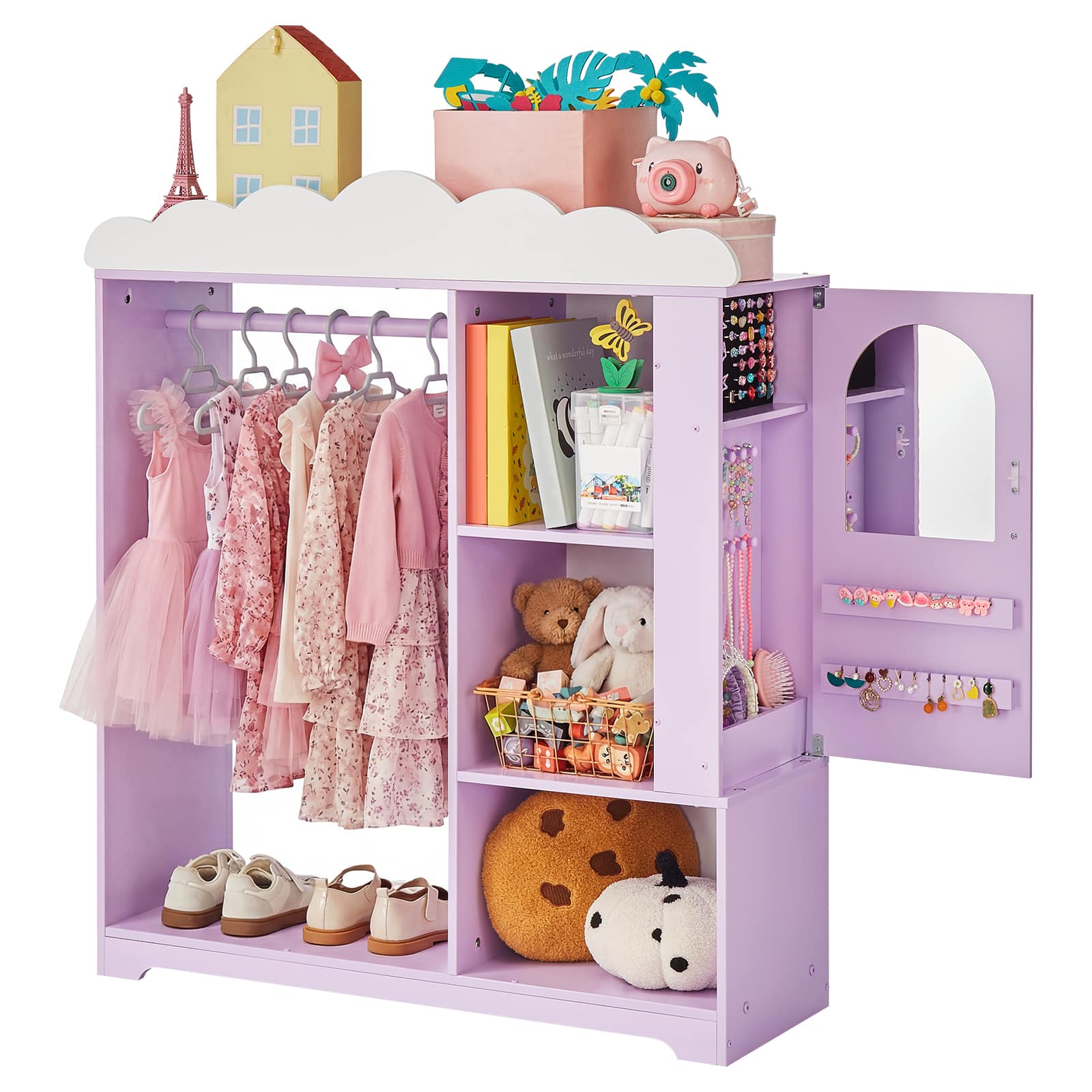 VEVOR - Kids Dress Up Storage, with Jewelry Cabinet, Dress Up Closet with Mirror and Shelves, Princess Costumes Wardrobe Closet - Purple