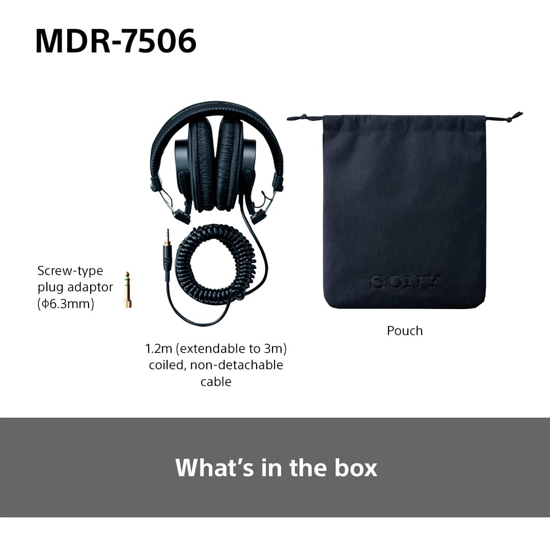 What's in the box: MDR-7506 headphones, screw-type plug adaptor, 1.2m extendable coiled, non-detachable cable, and a pouch.