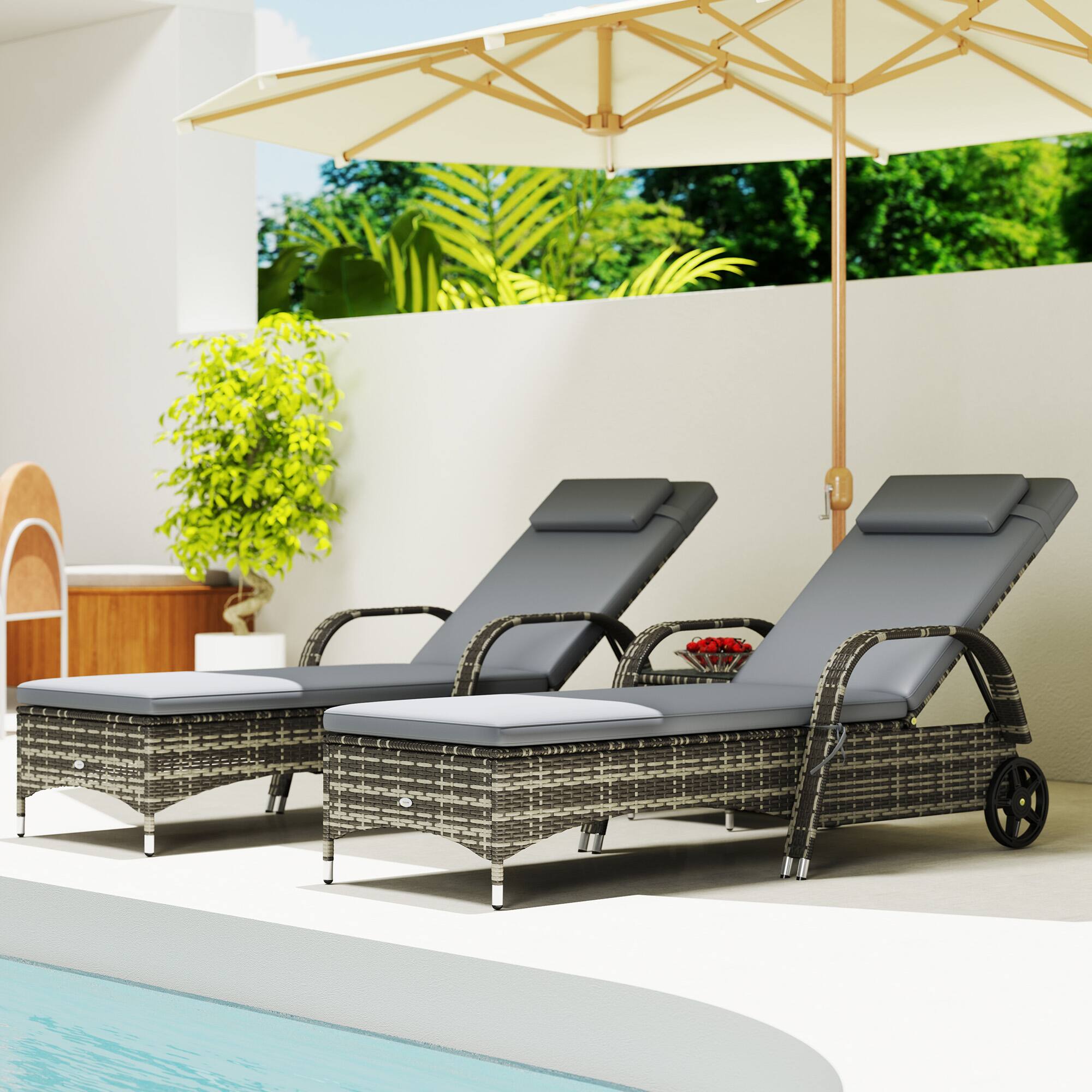 Alt View 7. Outsunny - Wicker Outdoor Chaise Lounge Chair Set of 3 with Side Table, 5-Level Adjustable Backrest PE Rattan Pool Lounge Chair - Gray.