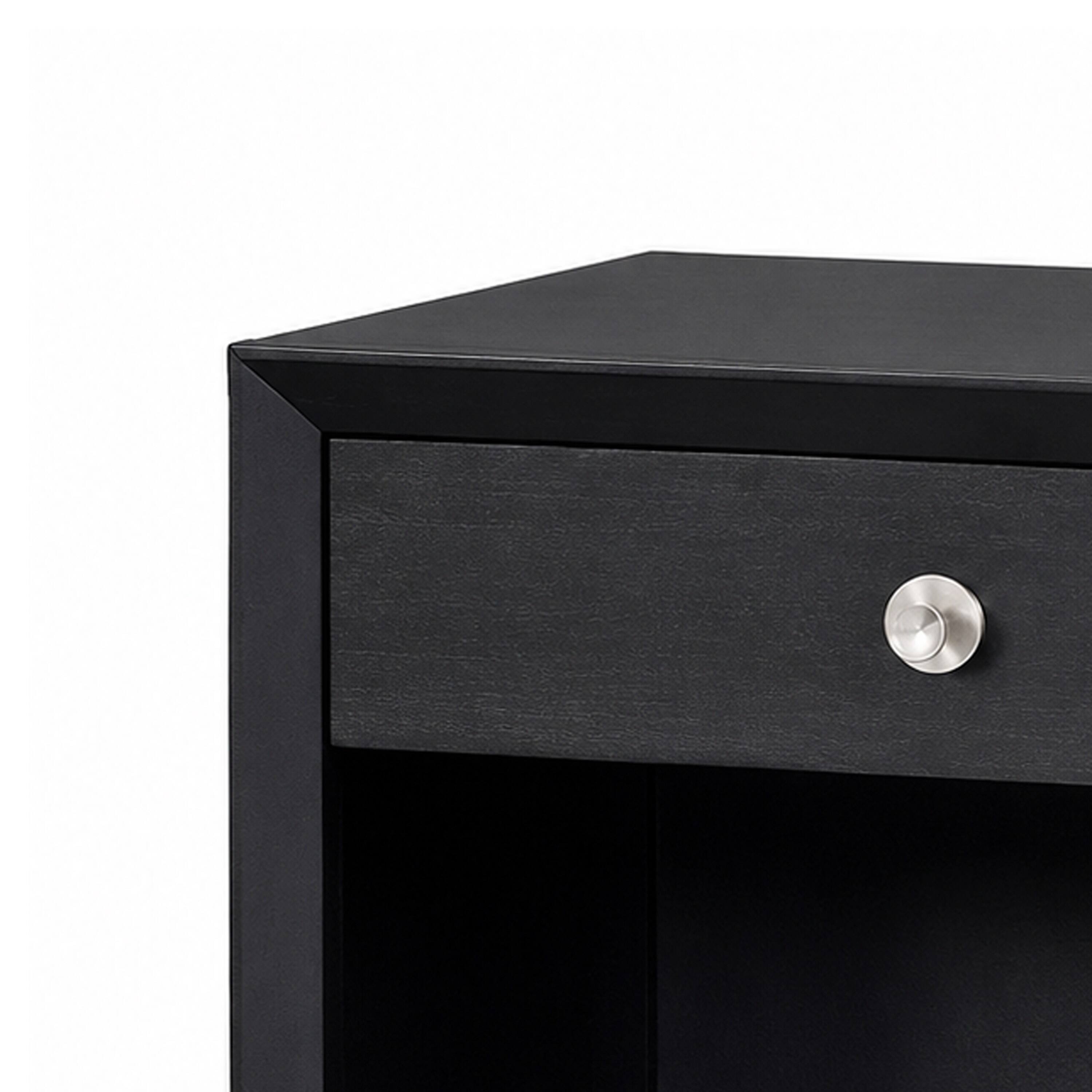 Back. Manhattan Lane - Tora Nightstand, 2 USB Ports, Drawer and Shelf, Capped Legs - Black, Silver.