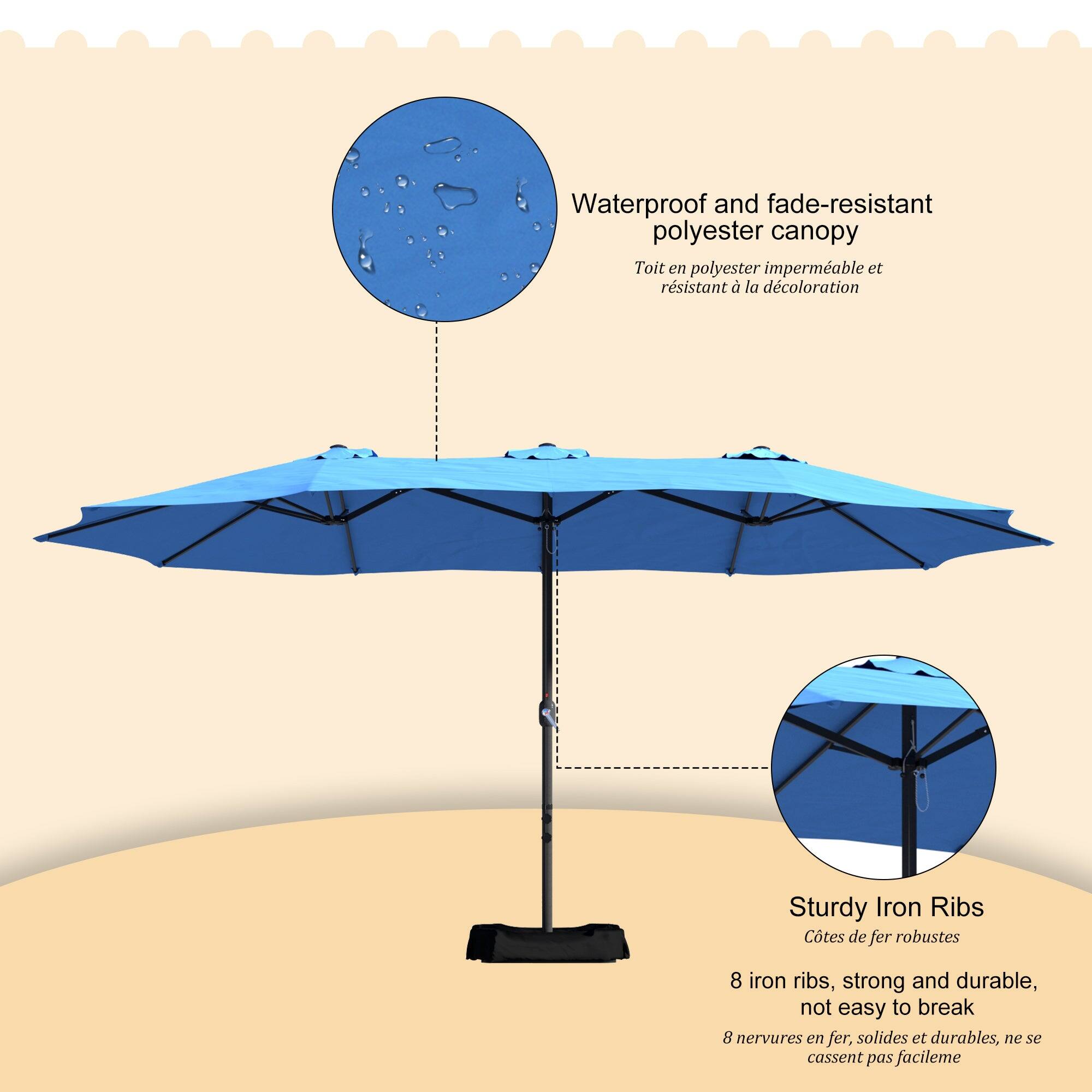 Waterproof and fade-resistant polyester canopy  
Toit en polyester imperméable et résistant à la décoloration  

Sturdy Iron Ribs  
Côtes de fer robustes  

8 iron ribs, strong and durable, not easy to break  
8 nervures en fer, solides et durables, ne se cassent pas facilement