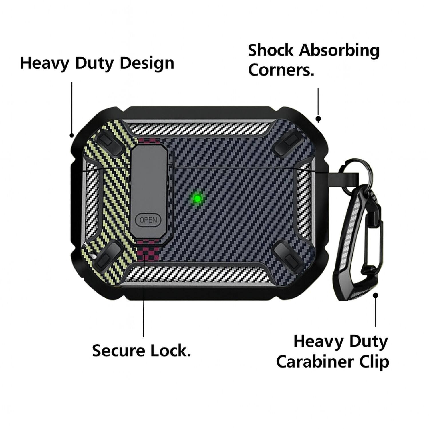 Heavy Duty Design  
Shock Absorbing Corners.  
Secure Lock.  
Heavy Duty Carabiner Clip