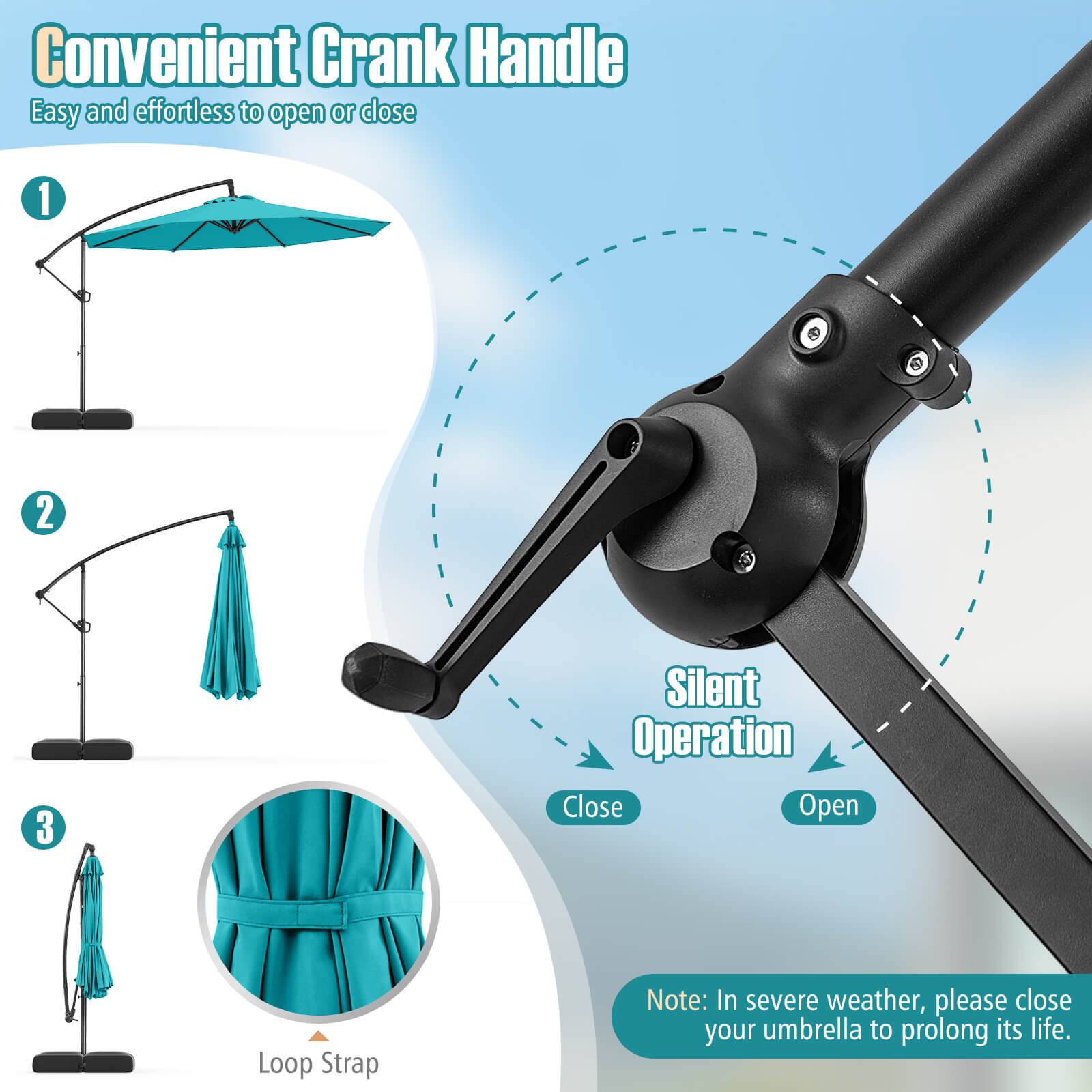 Convenient Crank Handle Easy and effortless to open or close Silent Operation Close Open Loop Strap Note: In severe weather, please close your umbrella to prolong its life.