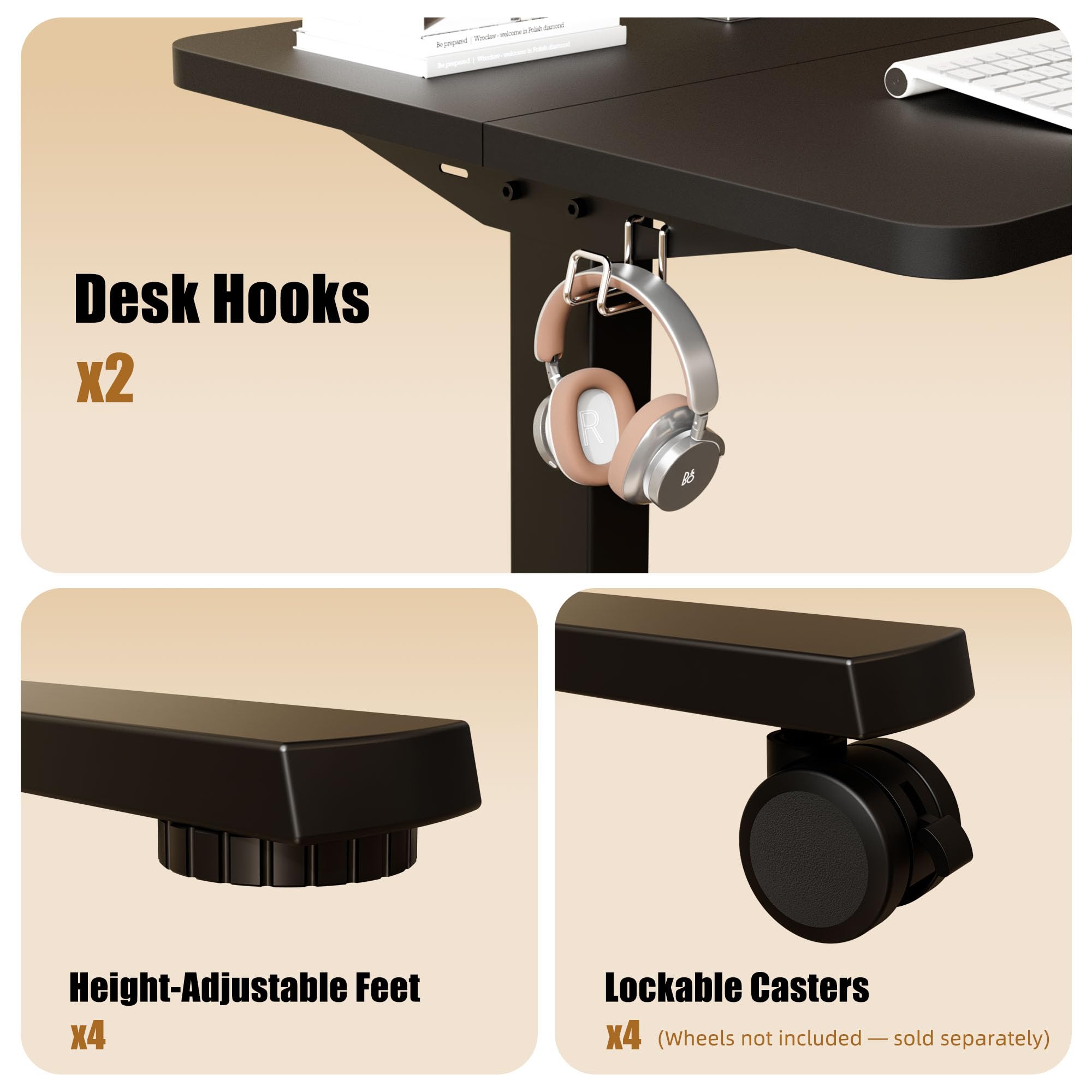 - Desk Hooks x2
- Height-Adjustable Feet x4
- Lockable Casters x4 (Wheels not included - sold separately)