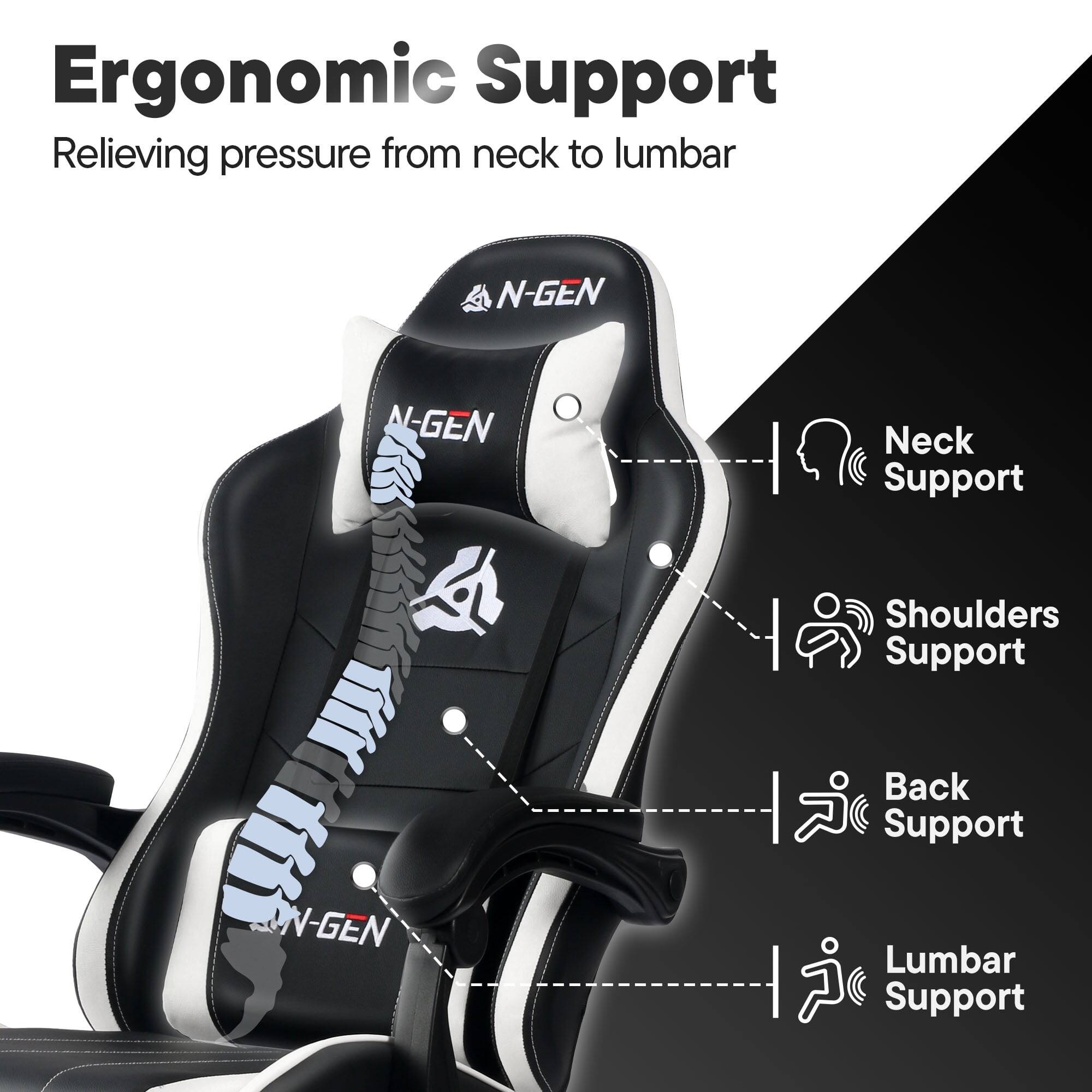 Ergonomic Support  
Relieving pressure from neck to lumbar  

N-GEN Neck Support  
Shoulders Support  
Back Support  
Lumbar Support