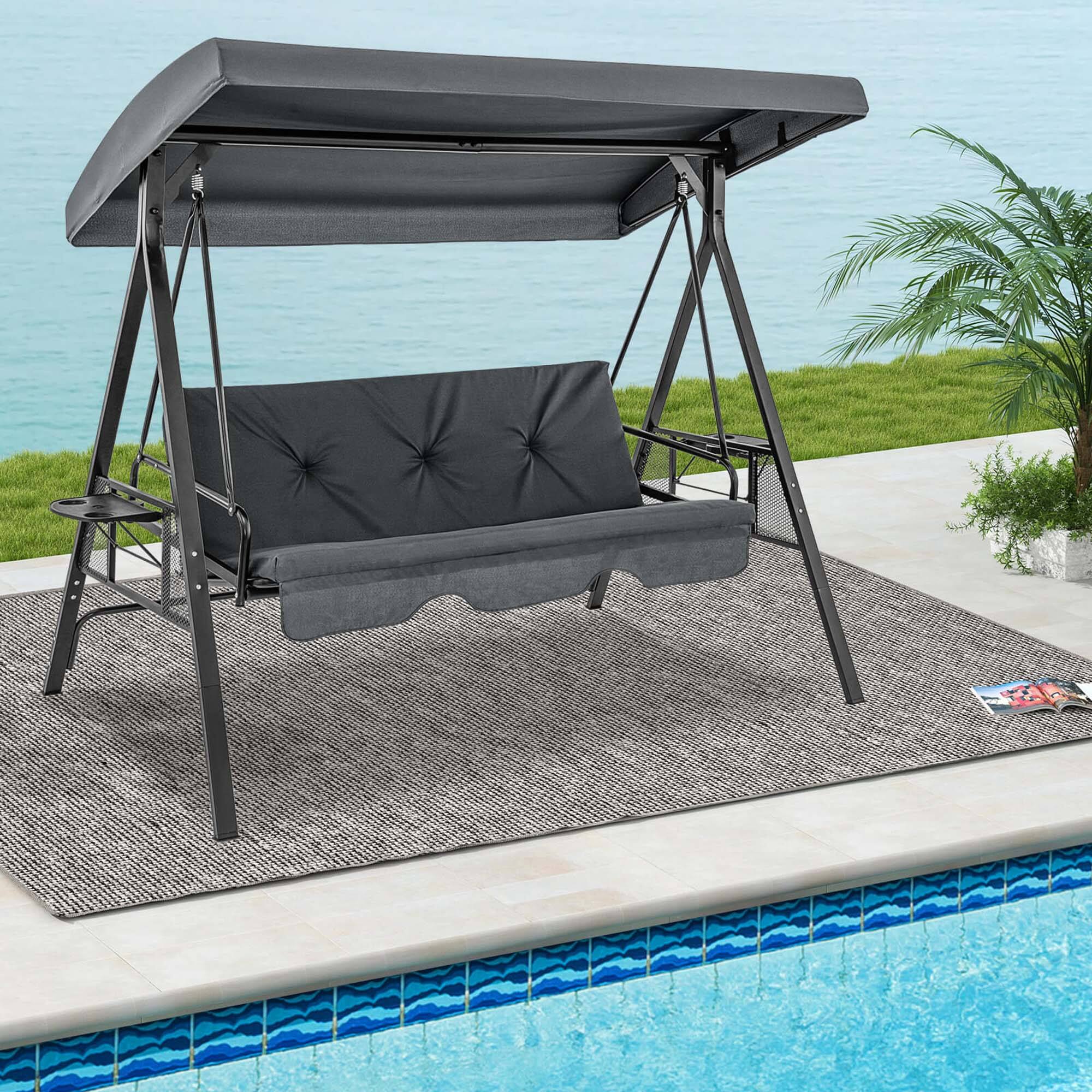 Alt View 3. Costway - 3-Seat Patio Porch Swing with Adjustable Canopy Soft Seat Back Cushions Side Tables - Grey.