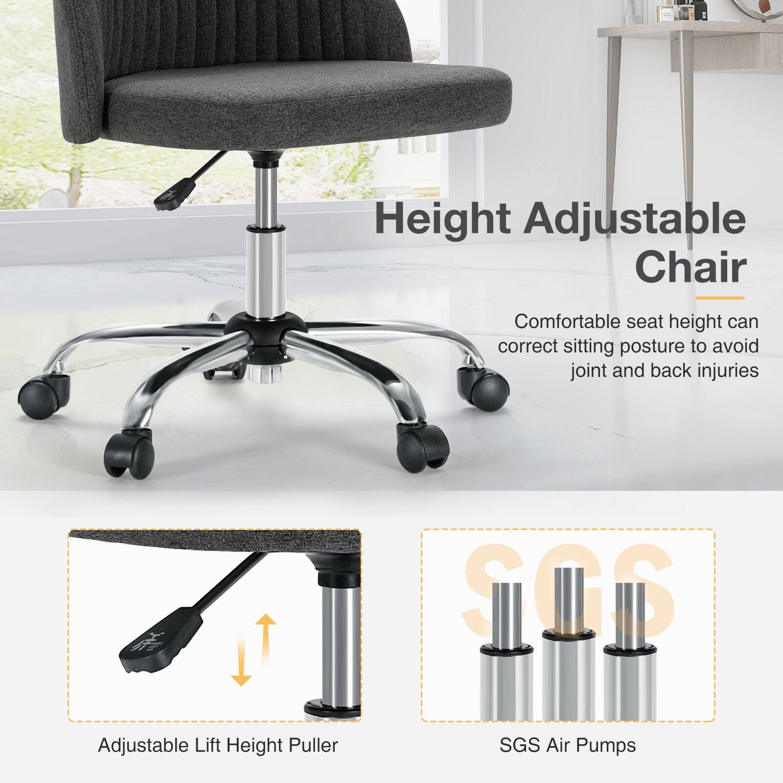 Height Adjustable Chair  
Comfortable seat height can correct sitting posture to avoid joint and back injuries  

Adjustable Lift Height Puller  
SGS Air Pumps