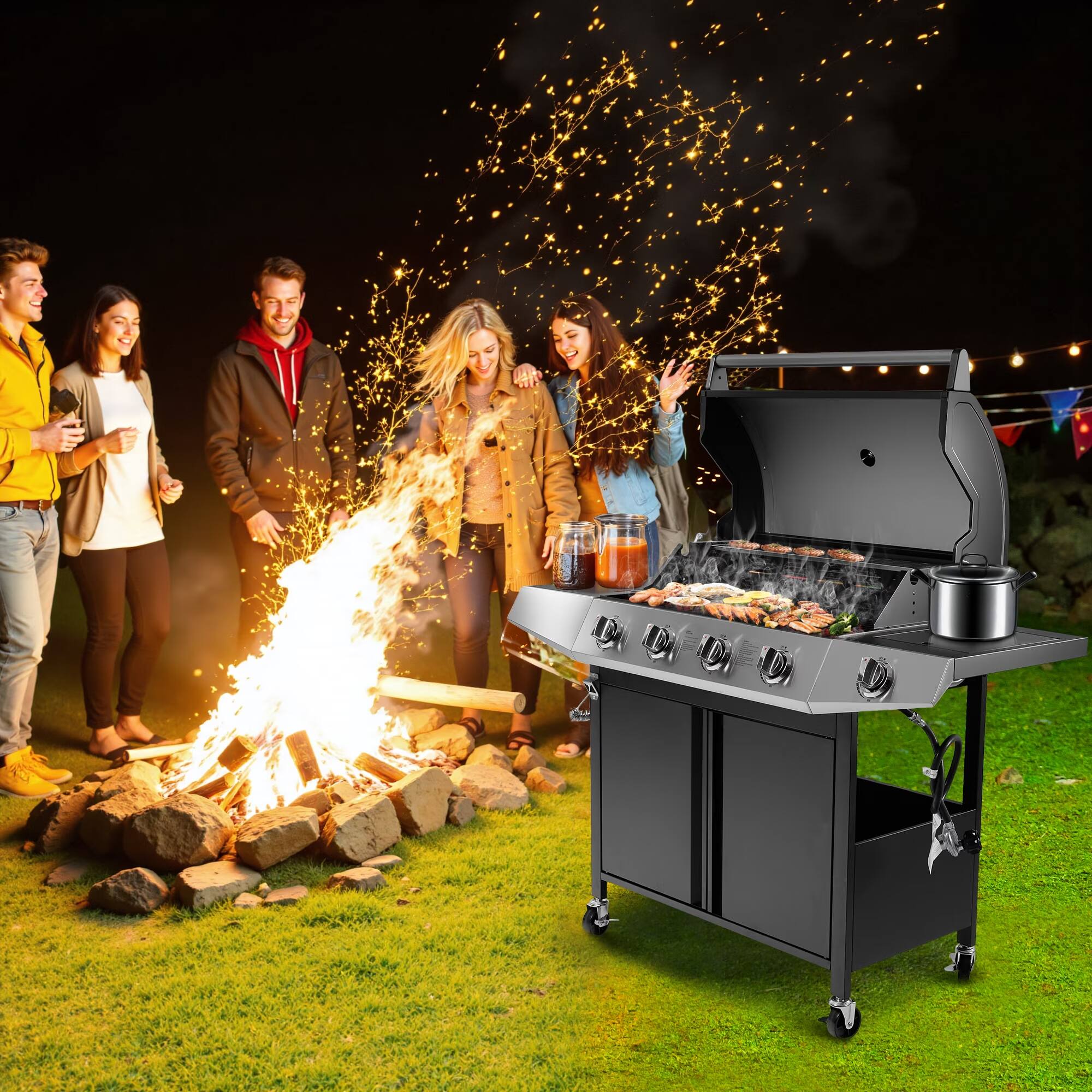 Alt View 9. HUGROVE - 5-Burner Stainless Steel BBQ Grill, 50000 BTU Propane Gas Grills with Side Burner and Thermometer for Outdoor - Black.